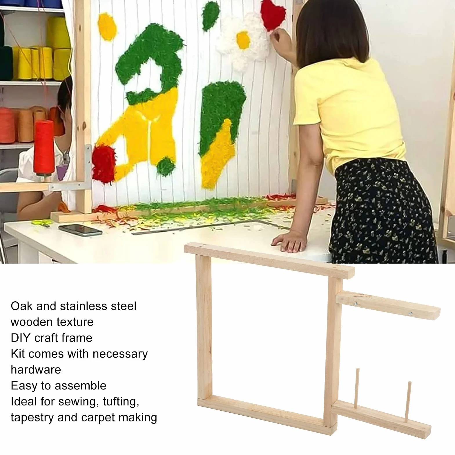 Marco de tufting para la confección de alfombras, marco de manualidades DIY con textura de acero inoxidable y madera de roble para coser tapices, montaje sencillo
