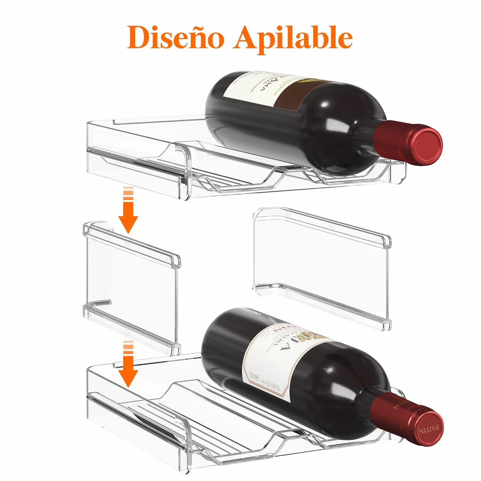 Lifewit Botellero apilable de plástico para Nevera, Armario, encimera, Soporte para Botellas de Vino, Organizador de Botellas de Agua para Nevera, despensa, Capacidad para 4 Botellas,Transparente