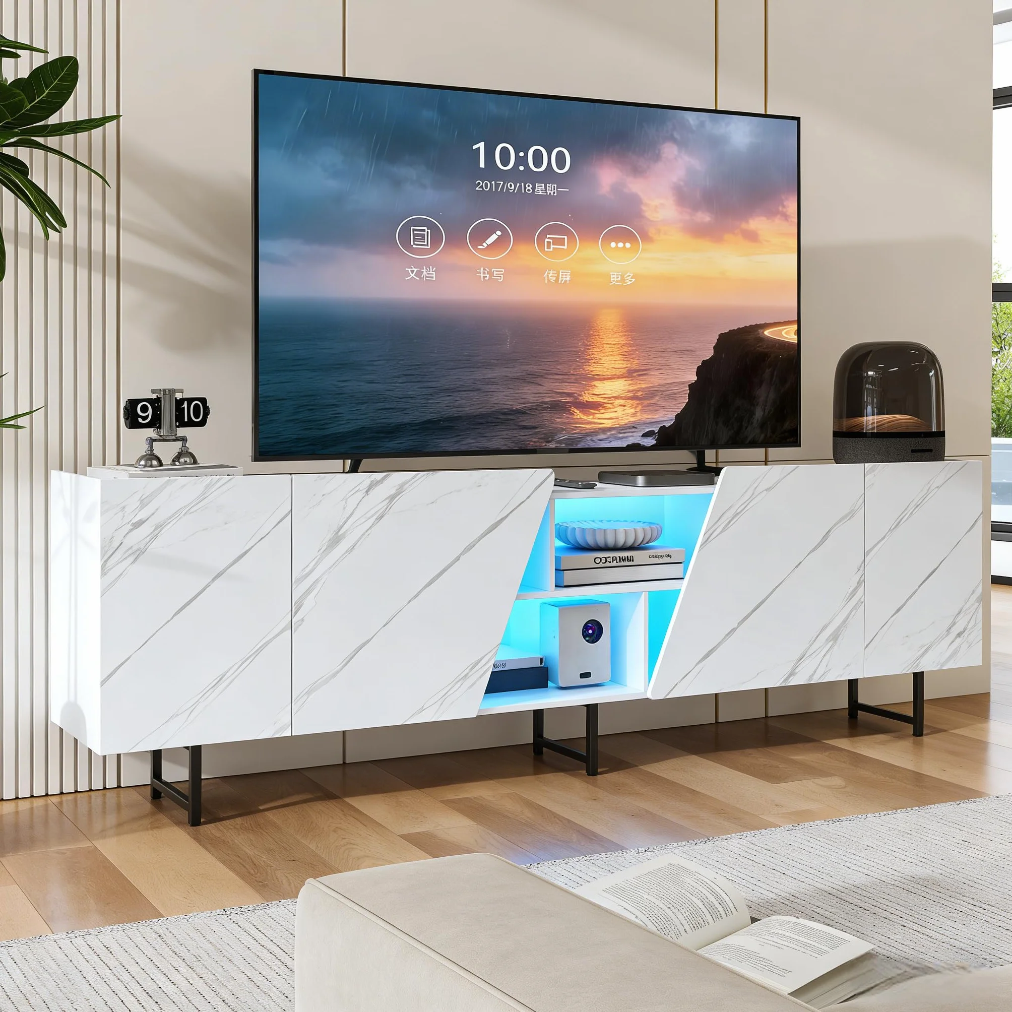 BRILVERDE Mueble de TV con iluminación LED de mármol blanco brillante, 220 cm, mueble bajo para TV con puerta, espacio de almacenamiento y aparadores, para salón (blanco, 220 cm)