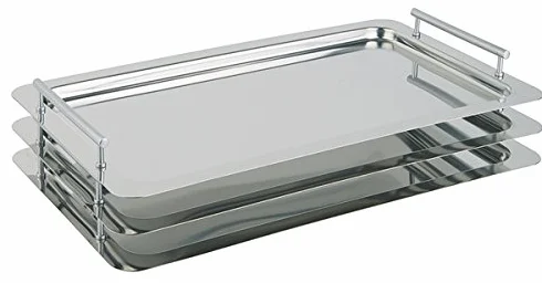 Bandeja GN System Classic de acero inoxidable 18/10, apilable y apta para lavavajillas, borde pulido, con asas atornilladas fijas, incluye espaciadores