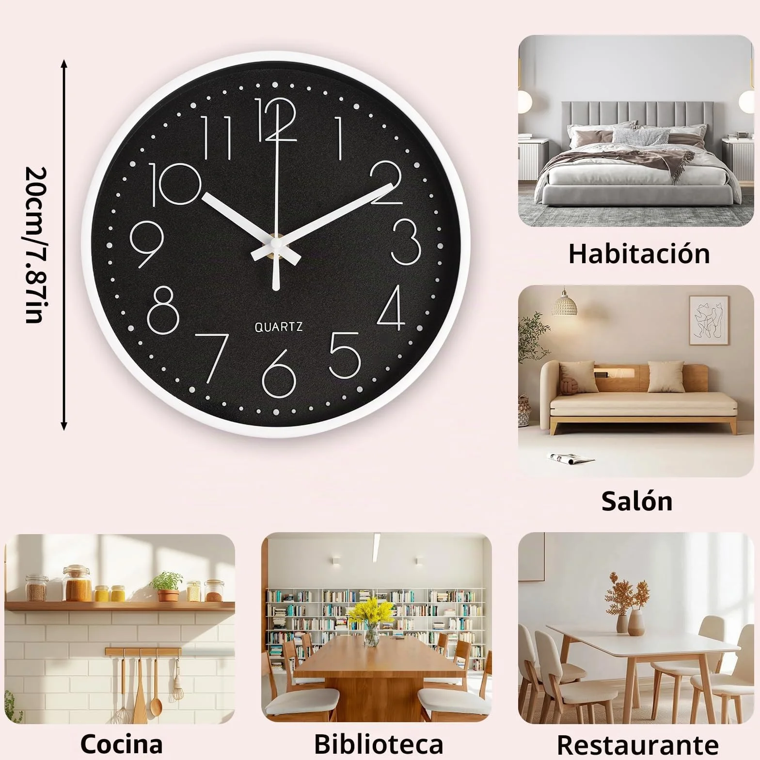 CIMOYBAI Reloj de pared negro moderno de 20 cm, silencioso, sin ruido de tictac, adecuado para oficina, salón, cocina, escuela, habitación infantil