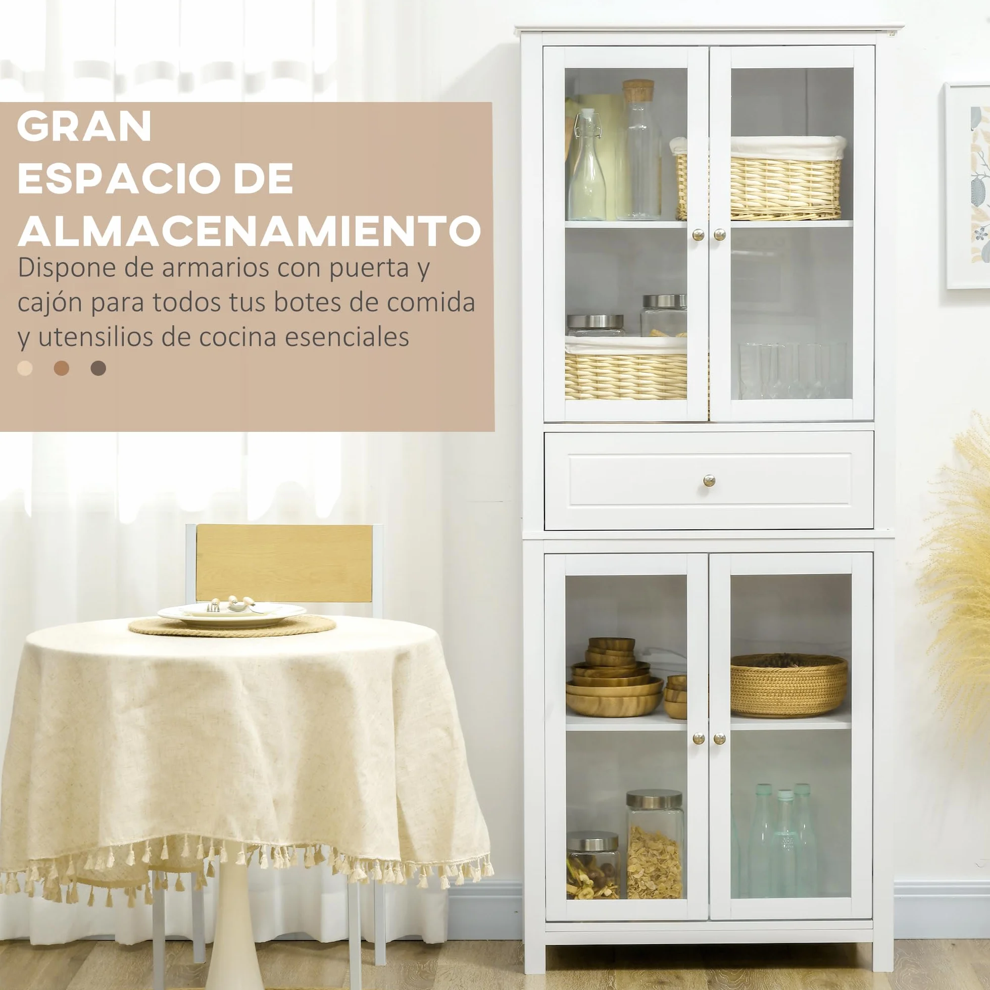 HOMCOM Alacena de Cocina Armario de Cocina con 1 Cajón 2 Estantes Ajustables y 4 Puertas de Vidrio Templado Diseño Clásico para Salón Comedor 74x35,5x181,5 cm Blanco