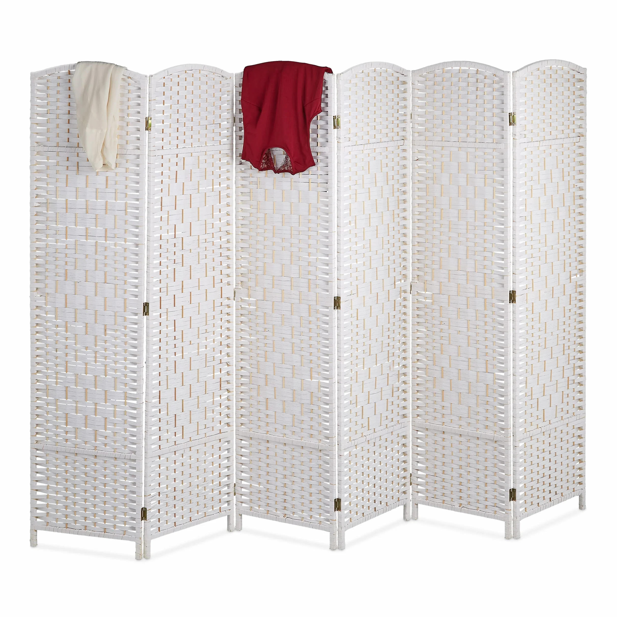 Relaxdays Biombo 6 Paneles, 170 x 240 cm, Separador Ambientes Plegable, Madera y Cuerda de Papel, Mampara en Blanco
