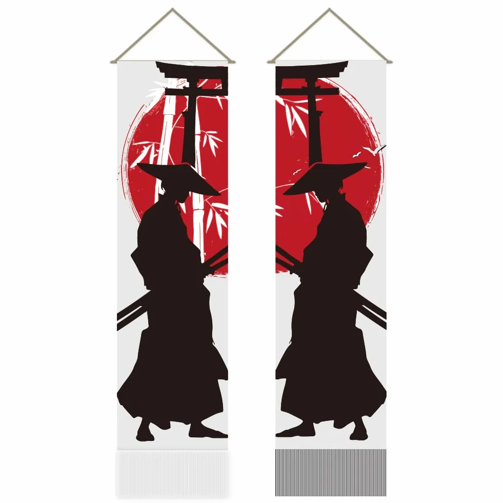 AHANDMAKER Tapiz samurai japonés, 2 piezas, blanco y negro, sol rojo genial, decoración colgante de pared, tapiz vertical largo para dormitorio, sala de estar, decoración bohemia mística de habitación
