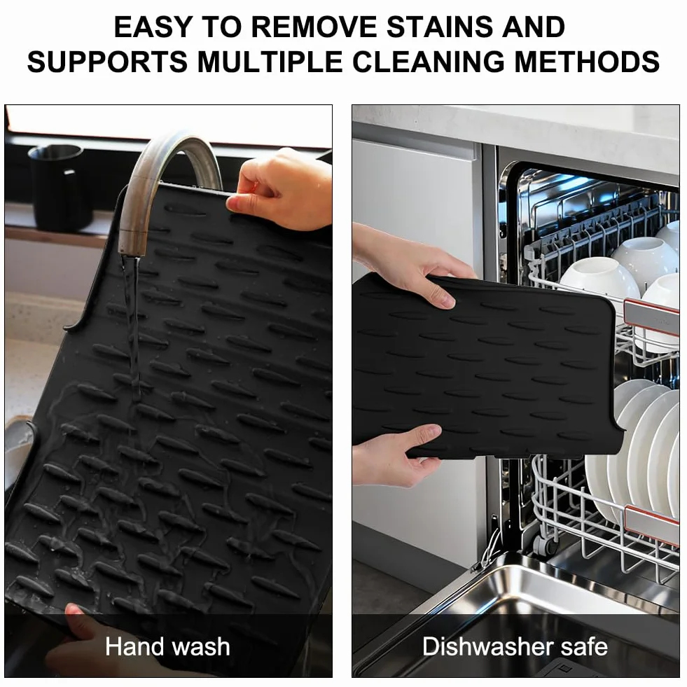 Vicloon Alfombrilla Escurreplatos de Silicona,Bandeja Escurreplatos con Salida de Drenaje,Grande Alfombrilla Escurreplatos,Alfombrilla para Secar Platos para Encimeras y Fregaderos de Cocina,Negro