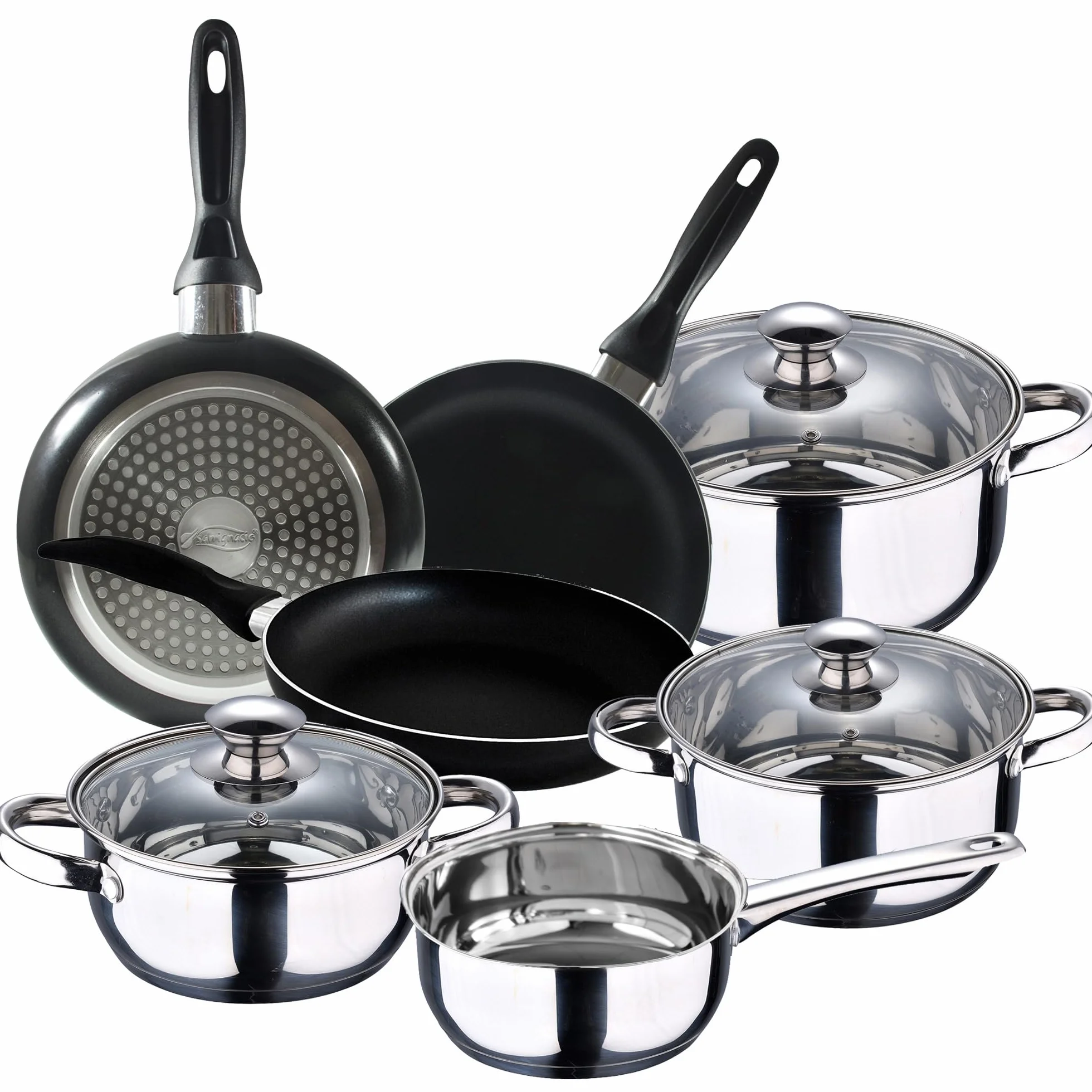 San Ignacio - Cocina - Batería 7 piezas Faro y Set 3 sartenes Ø16/Ø20/Ø24 cm, aluminio prensado, antiadherente, inducción, Negro