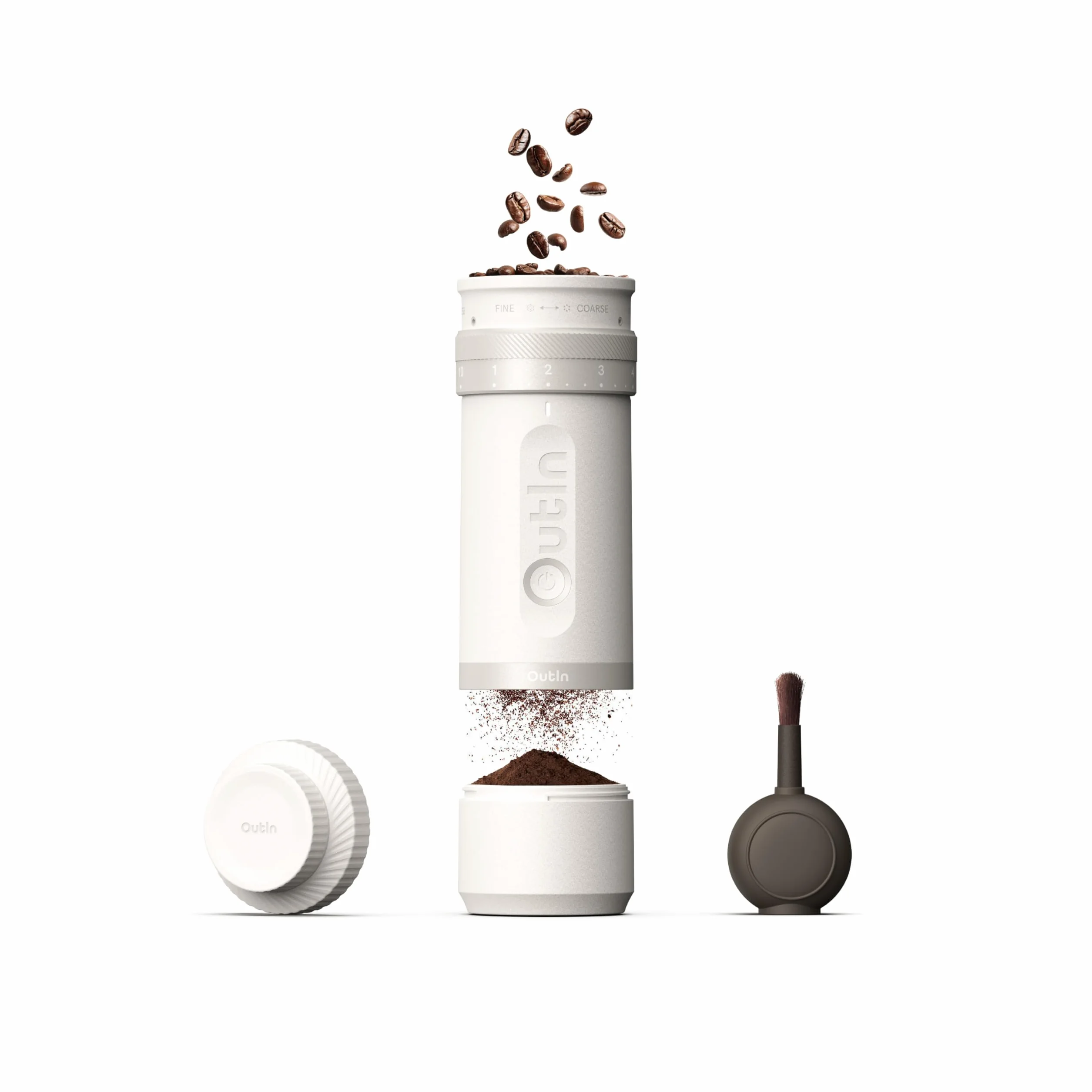 OutIn Fino Molinillo de café eléctrico portátil, molinillo de granos de café ajustable con 28 ajustes de molienda precisos, molinillo de café con rebaba de un botón con batería de carga rápida
