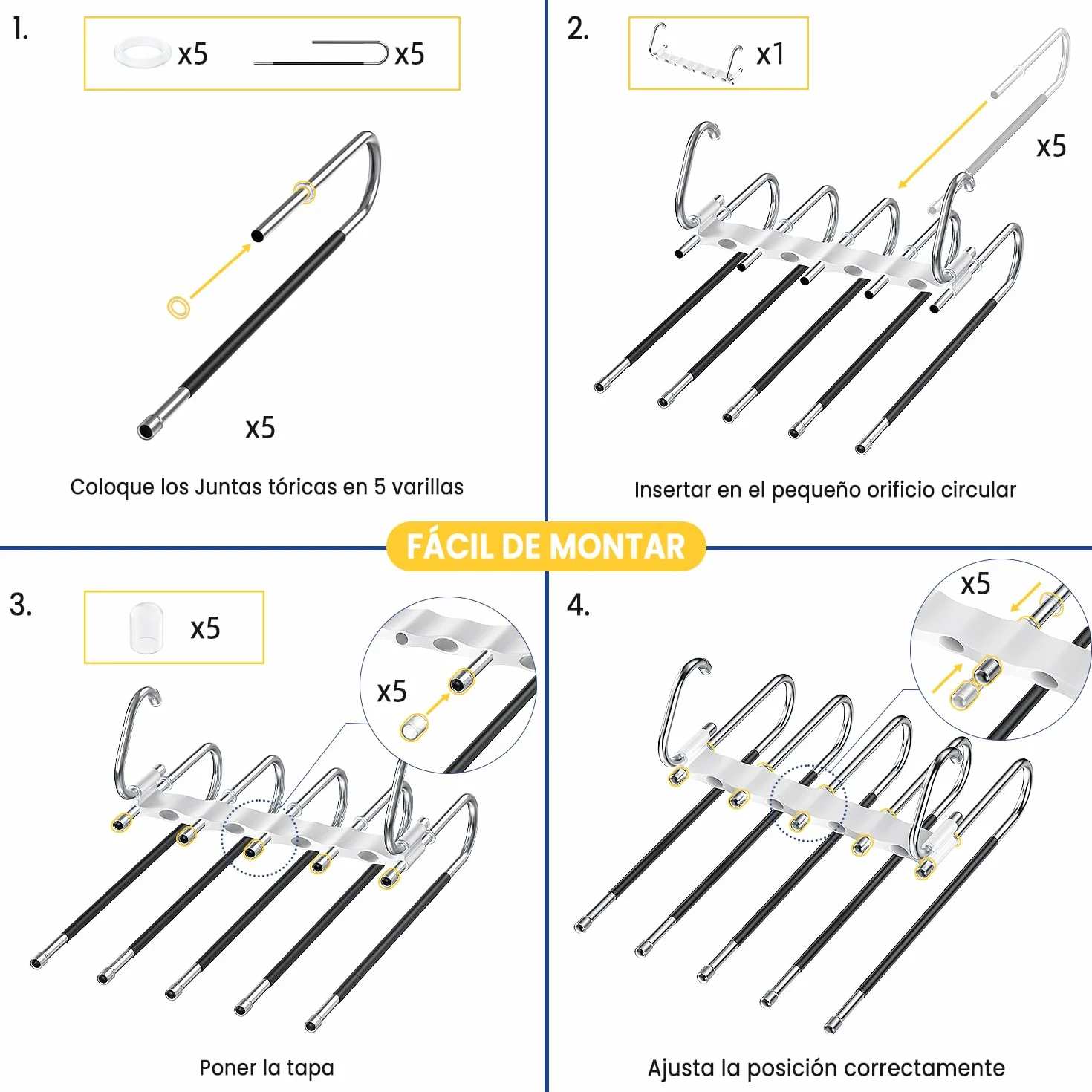 DAMITA Perchas Pantalones 5 en 1 Acero Inoxidable Extensible Antideslizantes 2 Piezas Blanco