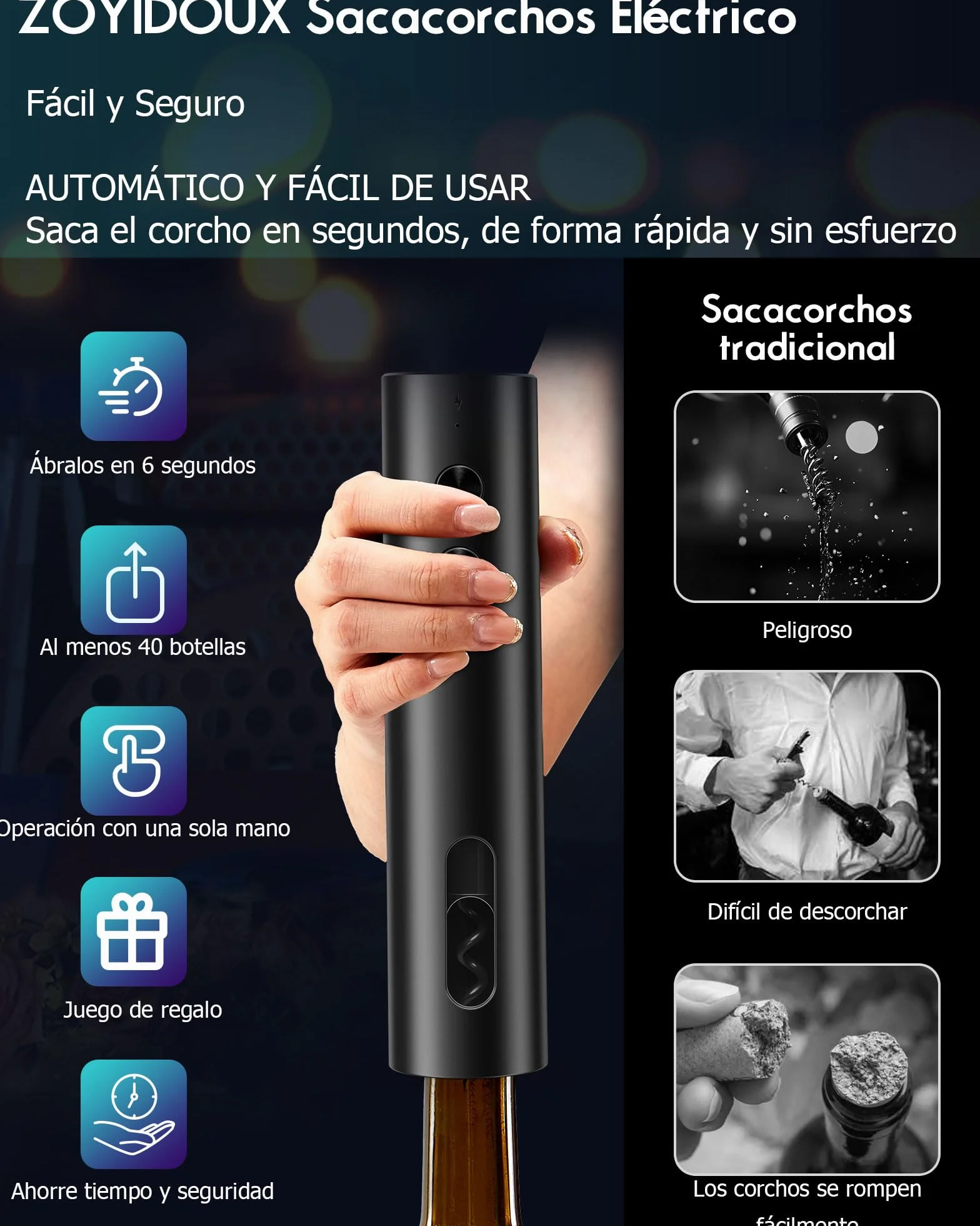ZOYIDOUX Sacacorchos eléctrico Recargable – Abridor de Vino eléctrico Juego con Cortador de Papel y 2 Tapón de vacío y Vertedor USB, Regalo para Amantes del Vino