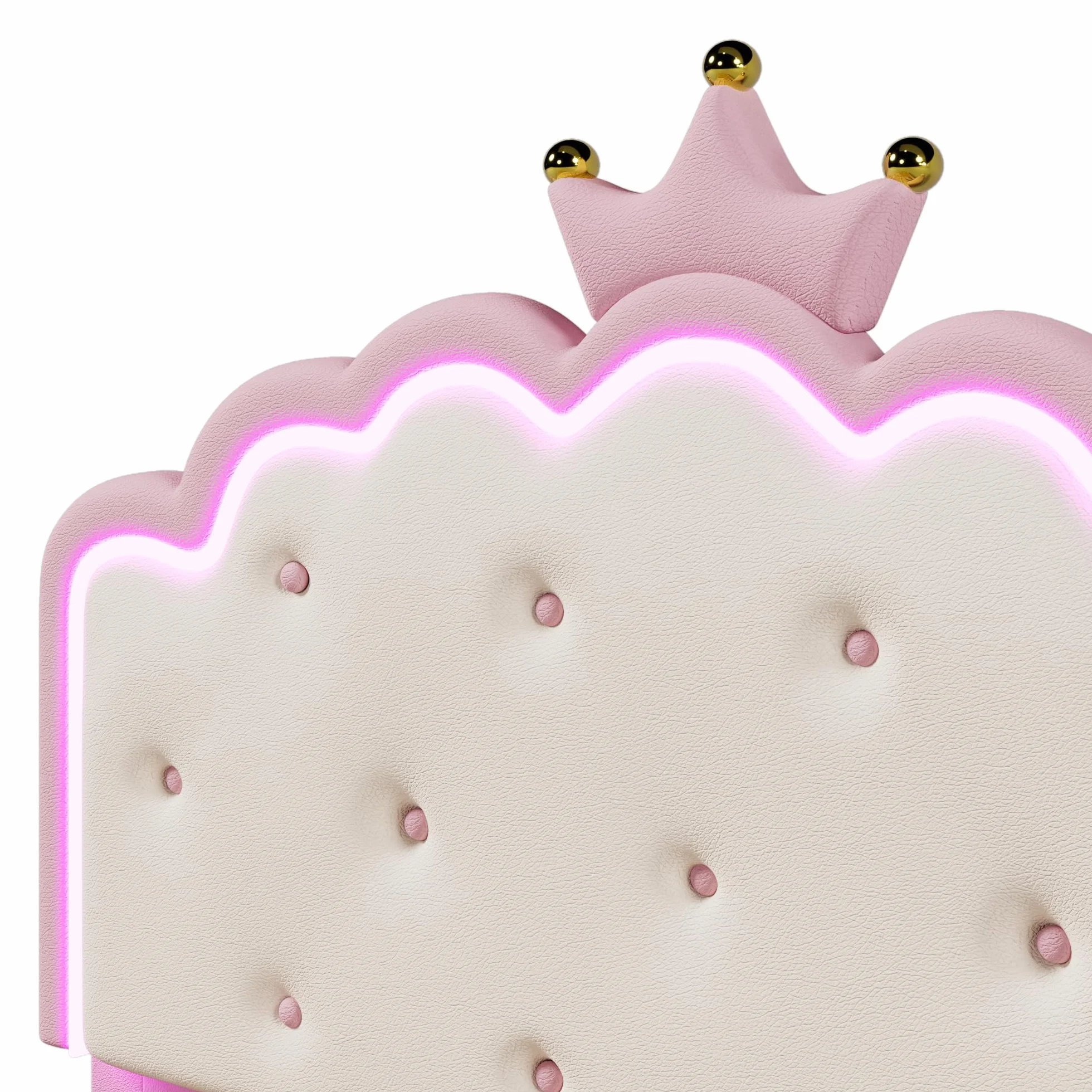 Cama Acolchada 140 x 200 cm,Cama contenedor hidráulico,Cama Individual con luz Ambiental con Mando a Distancia,Forma de Corona de Princesa,Cama con somier,Material PU,para Niños,Rosa