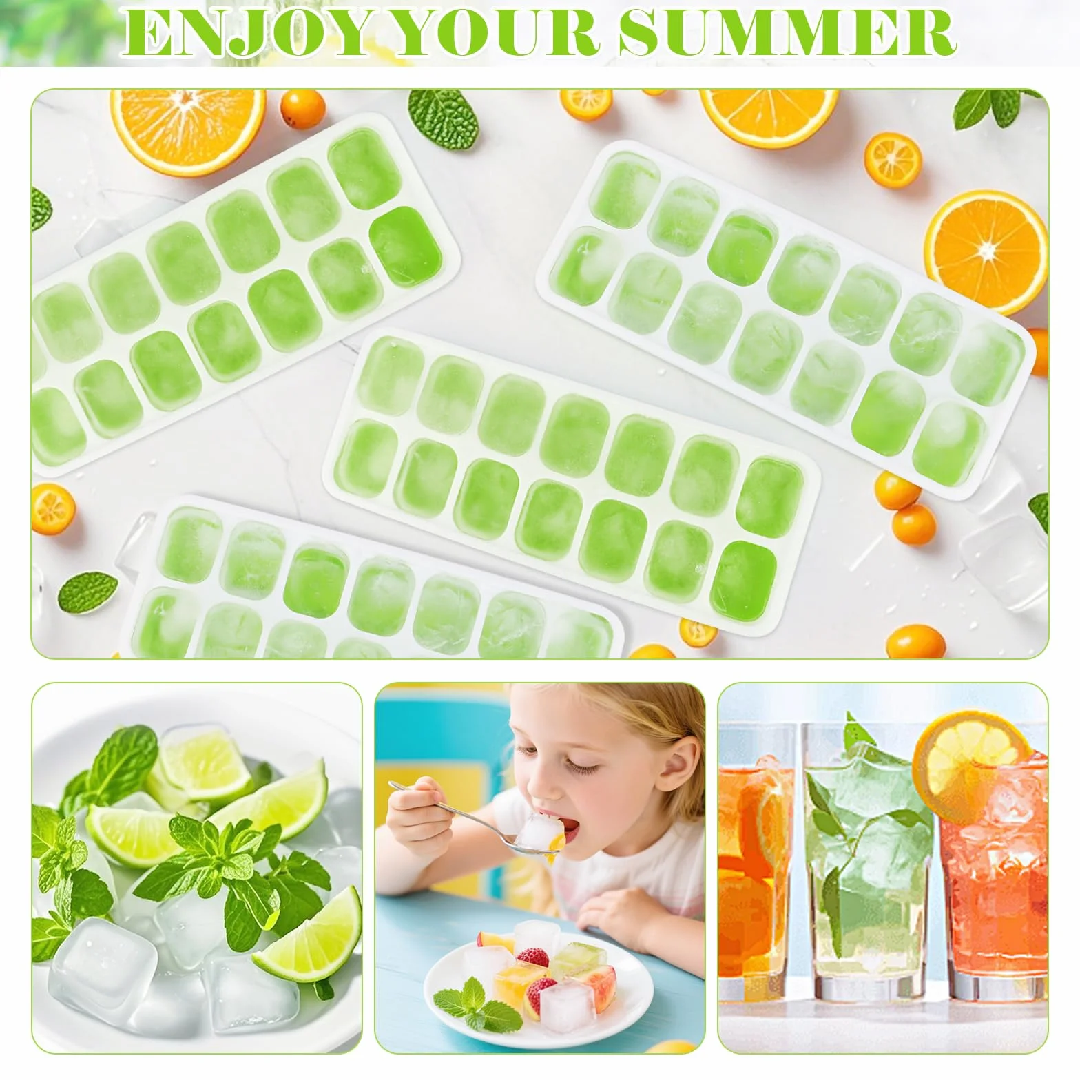 RISVOWO Cubiteras para Hielo con Tapa, 4 Piezas Moldes de Silicona Reutilizables Apilables Verde
