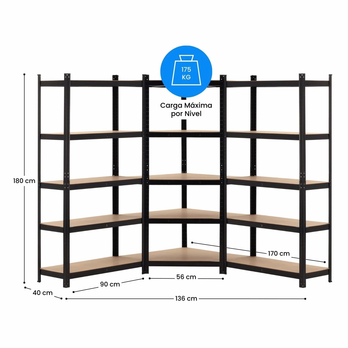 THINIA HOME Pack 2 Estanterías Modulares + 1 Estantería Esquinera, Acero MDF Antihumedad, 5 Baldas Ajustables, 875Kg