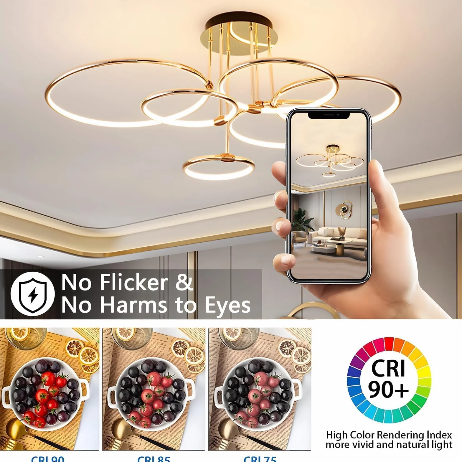 6 Anillos Redondos Lámpara De Techo Led Dorada Diseño, Candelabro De Ø105cm | 145W Regulable Forma Continua, Colgante De Electrochapa De Metal Creativo, Lámpara Moderna Para Dormitorio, Sala De Estar