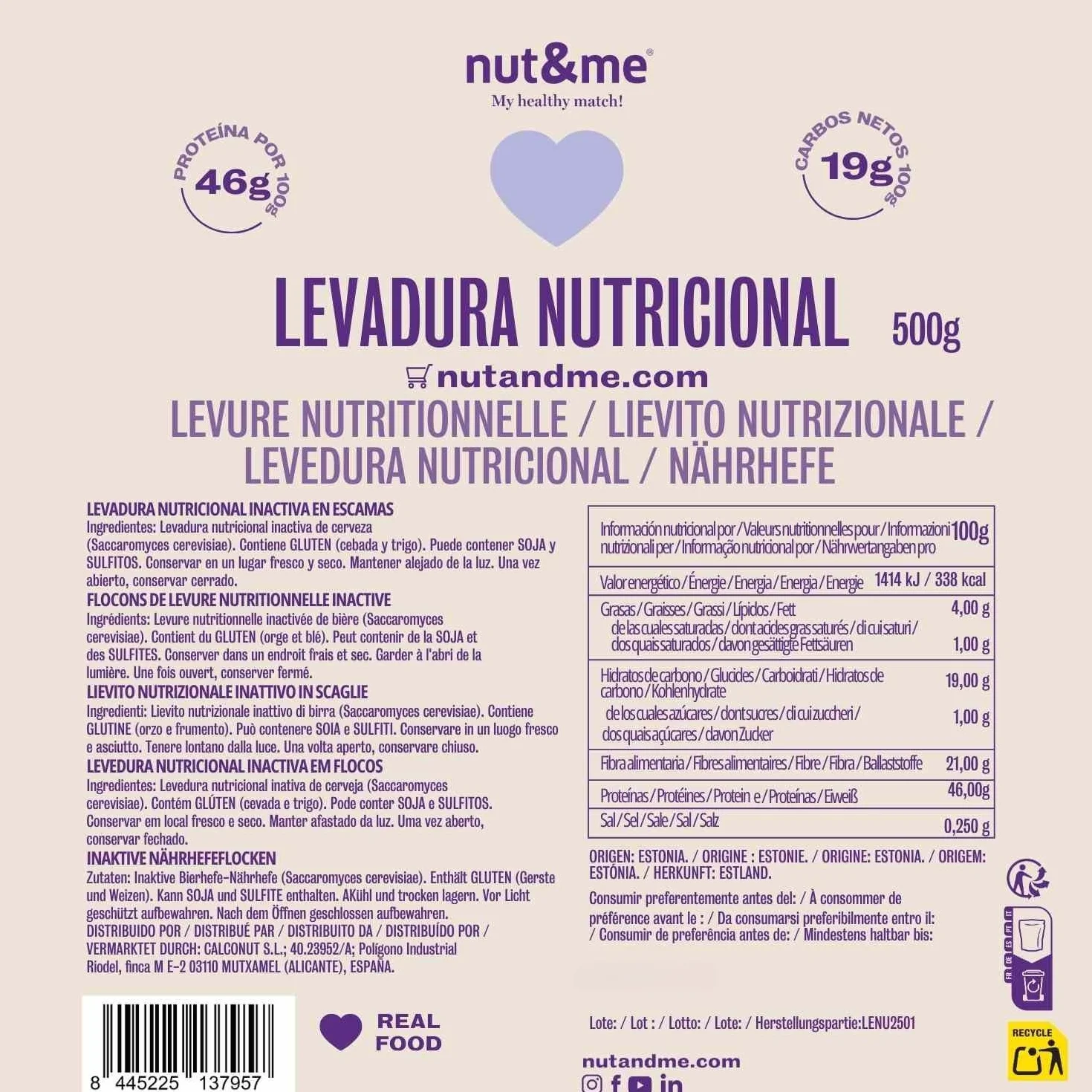 Levadura nutricional en copos 1,5 kg Alto en proteínas y vitamina B Low carb Keto Vegano