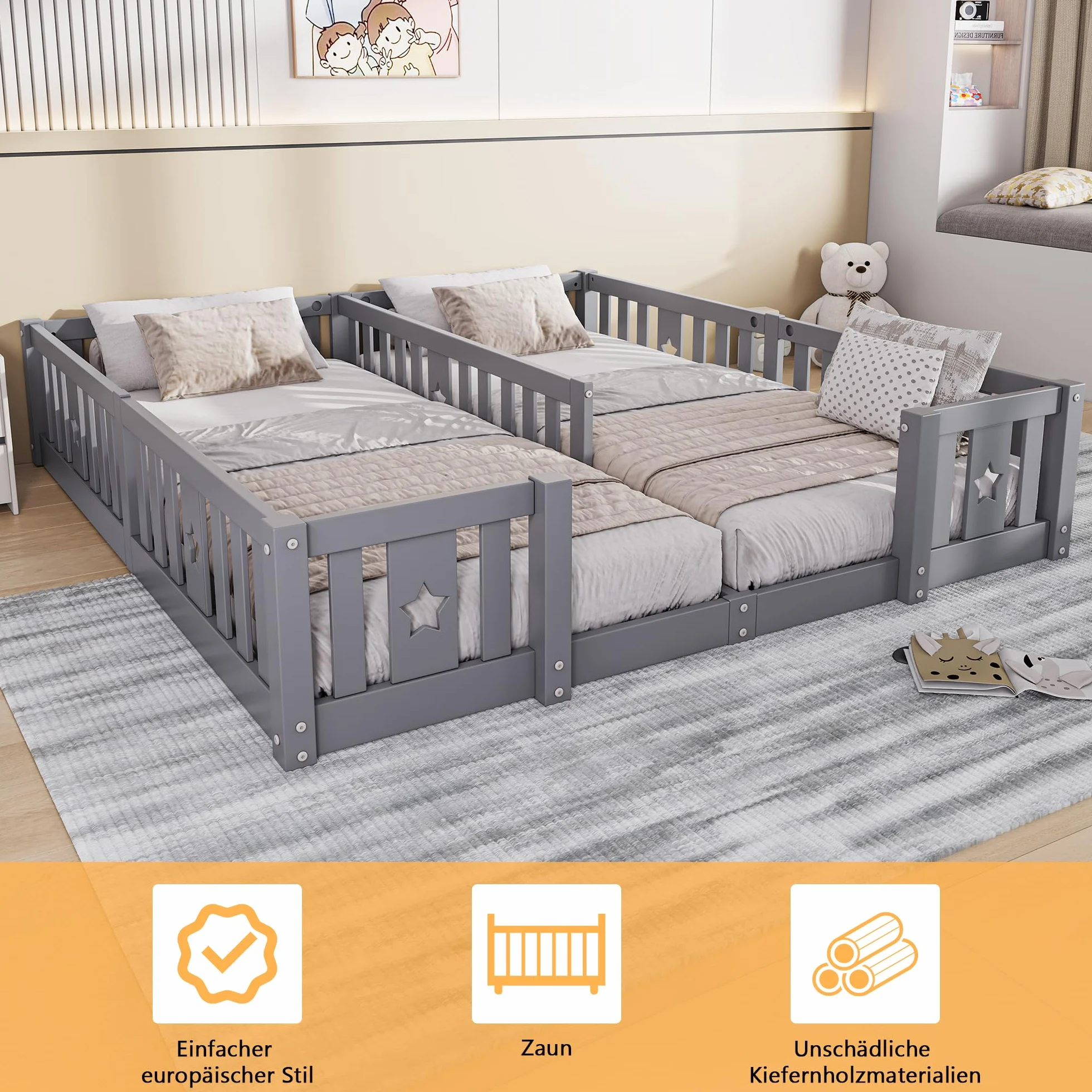 Cama infantil 180x200 cm madera protección anticaídas somier doble juvenil diseño escandinavo gris