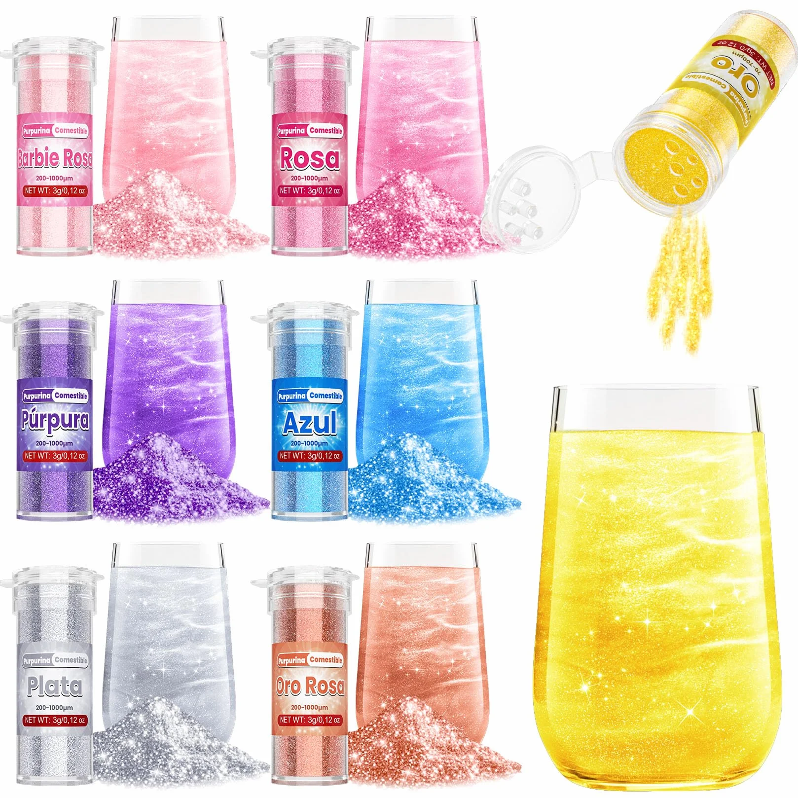 Purpurina Comestible 7 Colores Vivos Glitter Comestible Reposteria 3g sin Sabor para Bebidas, Tarta, Macarons