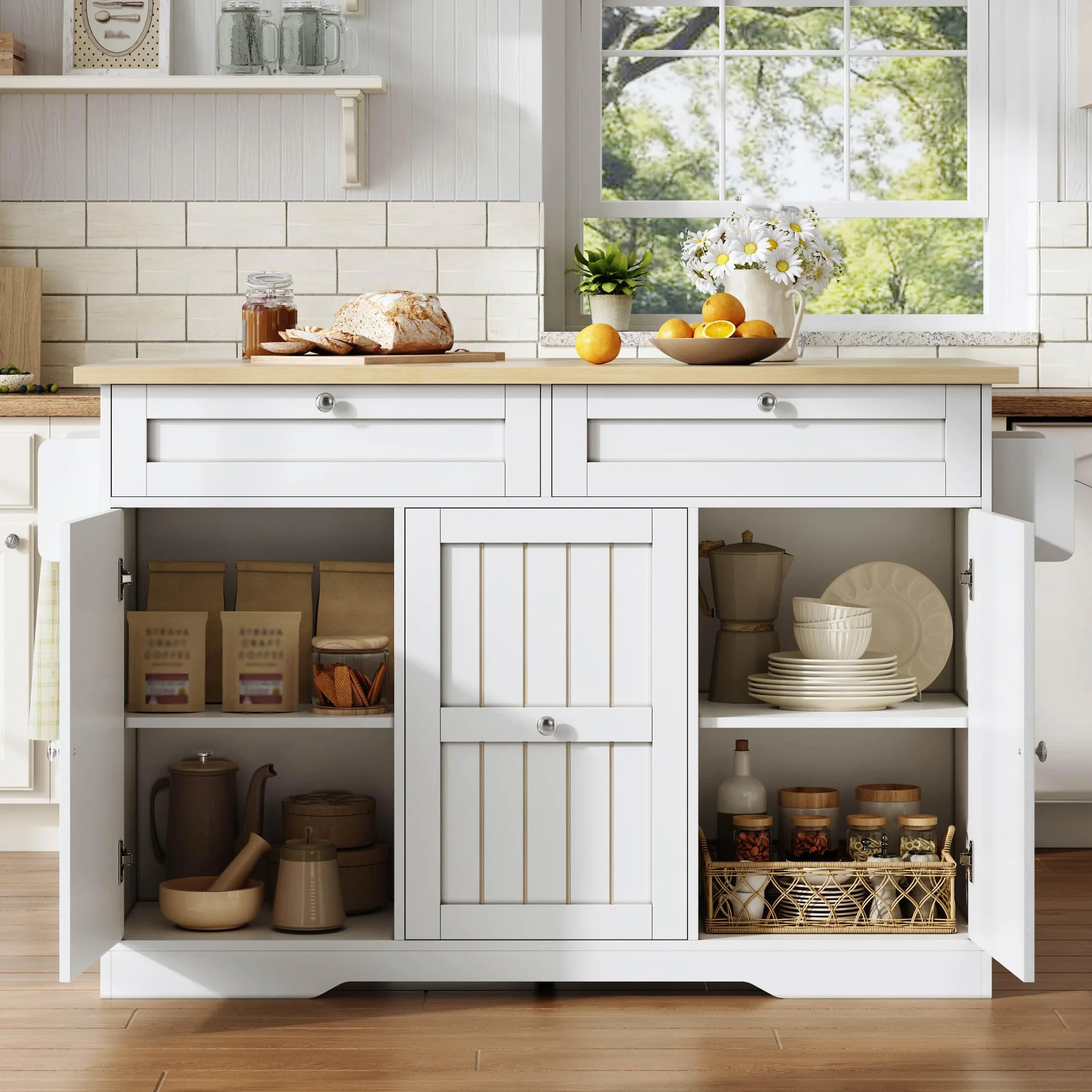 Isla Cocina con Ruedas y Encimera Plegable, Mueble Auxiliar de Cocina con 3 Cajones y 2 Puertas, Isla de Cocina con Estante para Condimentos y Toallero, 137x45-70x92 cm, Natural+Blanco