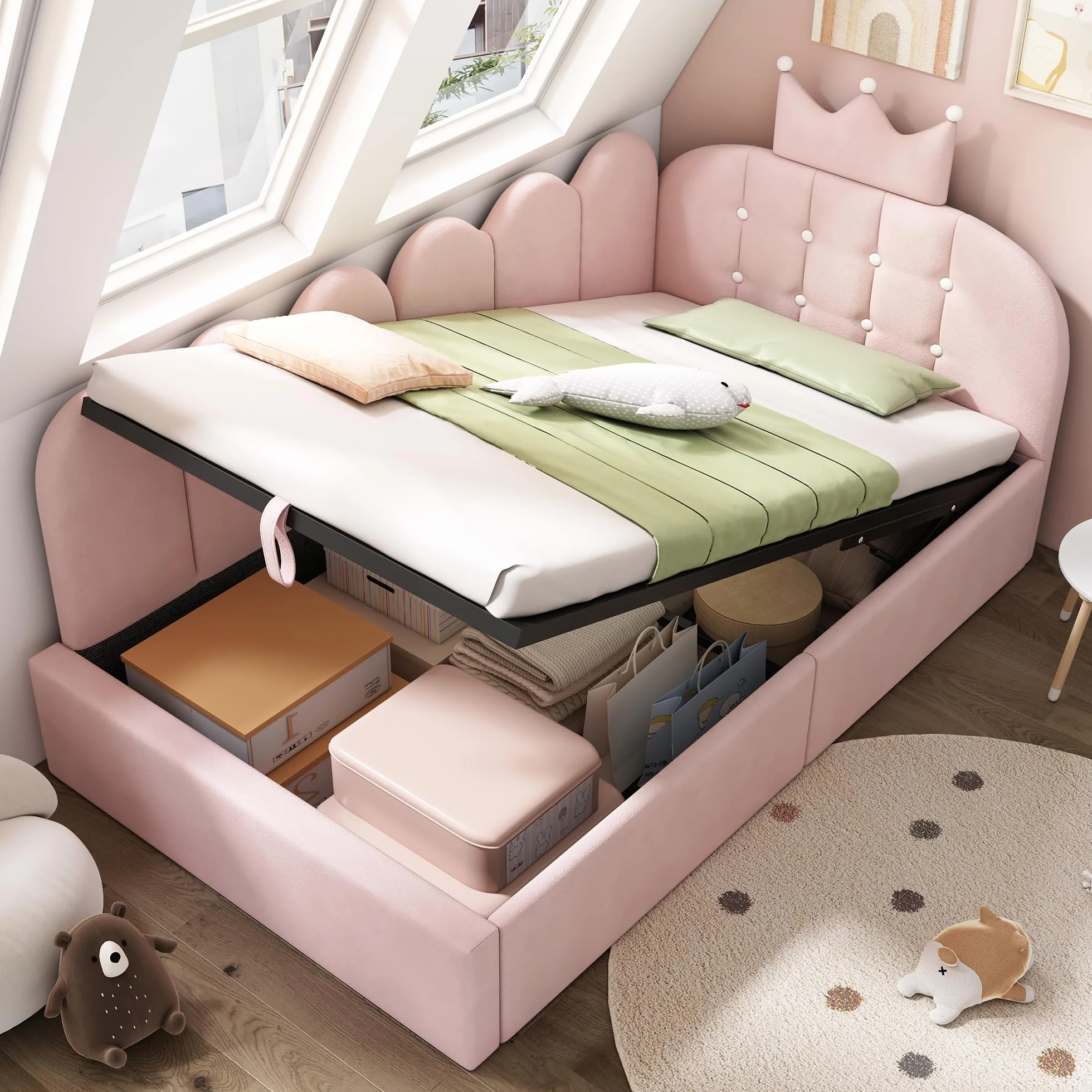 Mrwoo Cama día 90x190 cm con Almacenamiento Hidráulico, Sofá Cama con Diseño de Corona y Rejilla, Cama Infantil, Terciopelo, Rosa(Sin Colchón)
