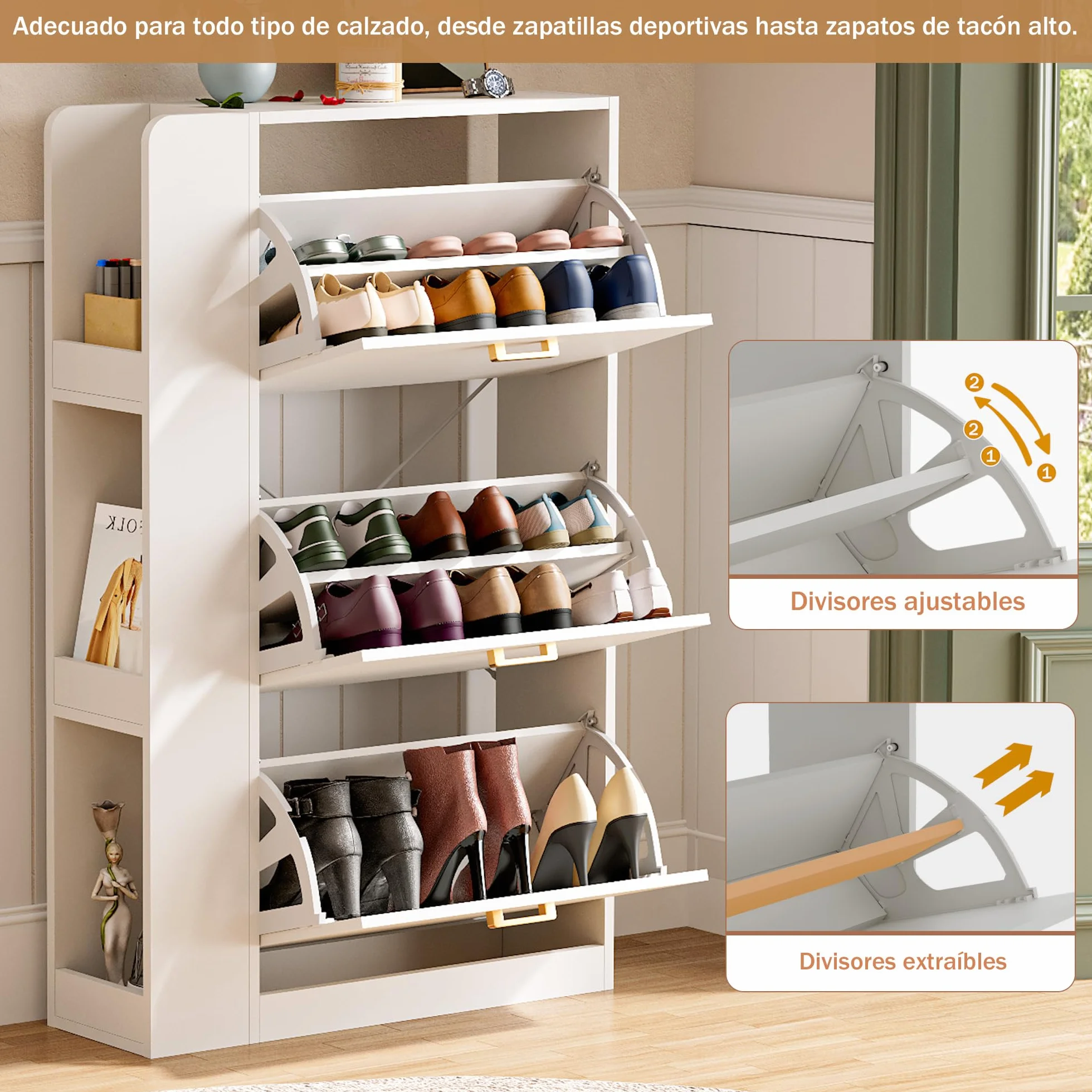 Mueble Zapatero 3 Puertas Zapatero Estrecho con 3 Compartimentos para 18-24 Pares de Zapatos, Armarios Zapatos para Sala de Estar, Pasillo de Entrada, 73,5x24x118cm Blanco
