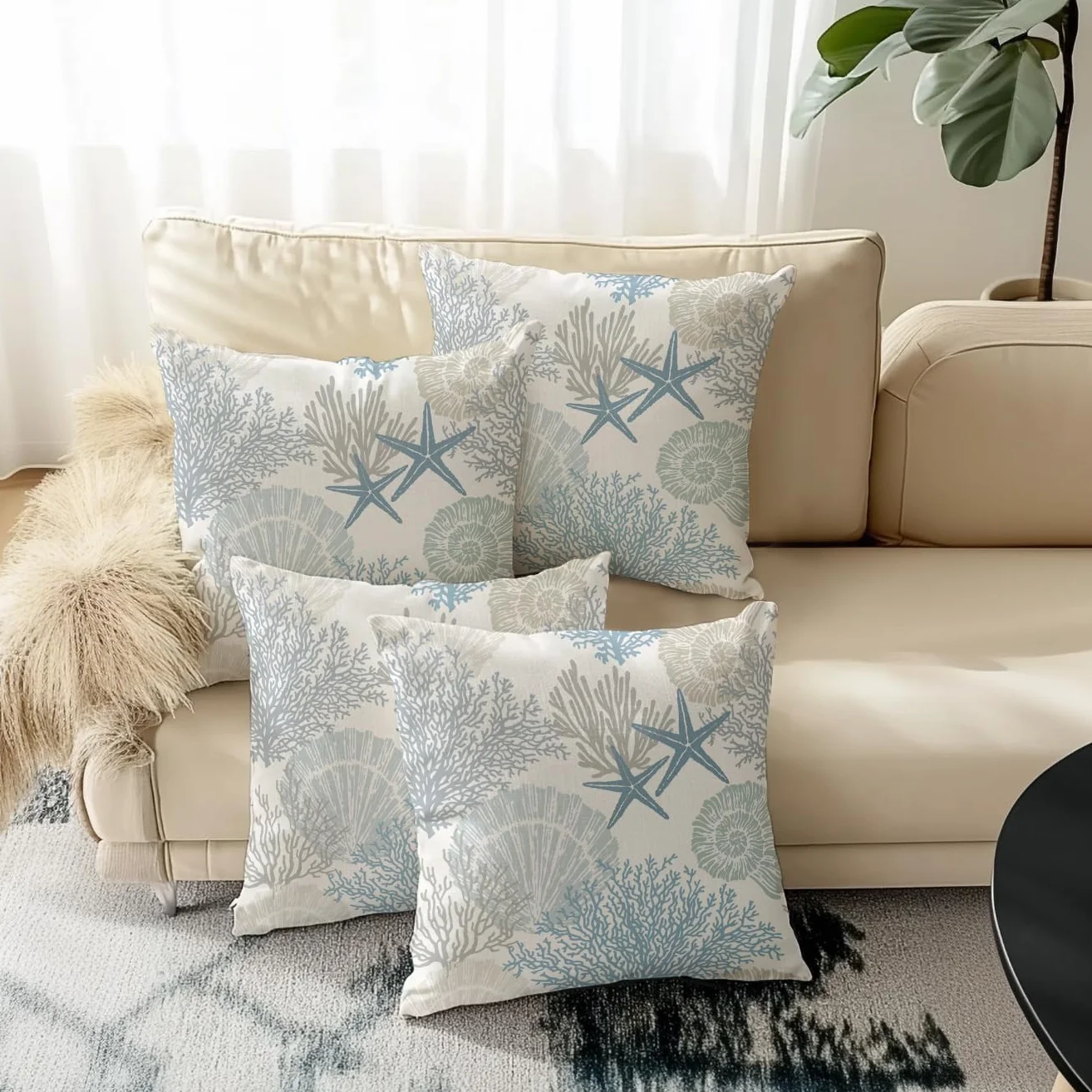 Fundas de Cojines Impermeables 50x50 Azul Océano Estrella de Mar Juego de 2 para Hogar Salón Dormitorio