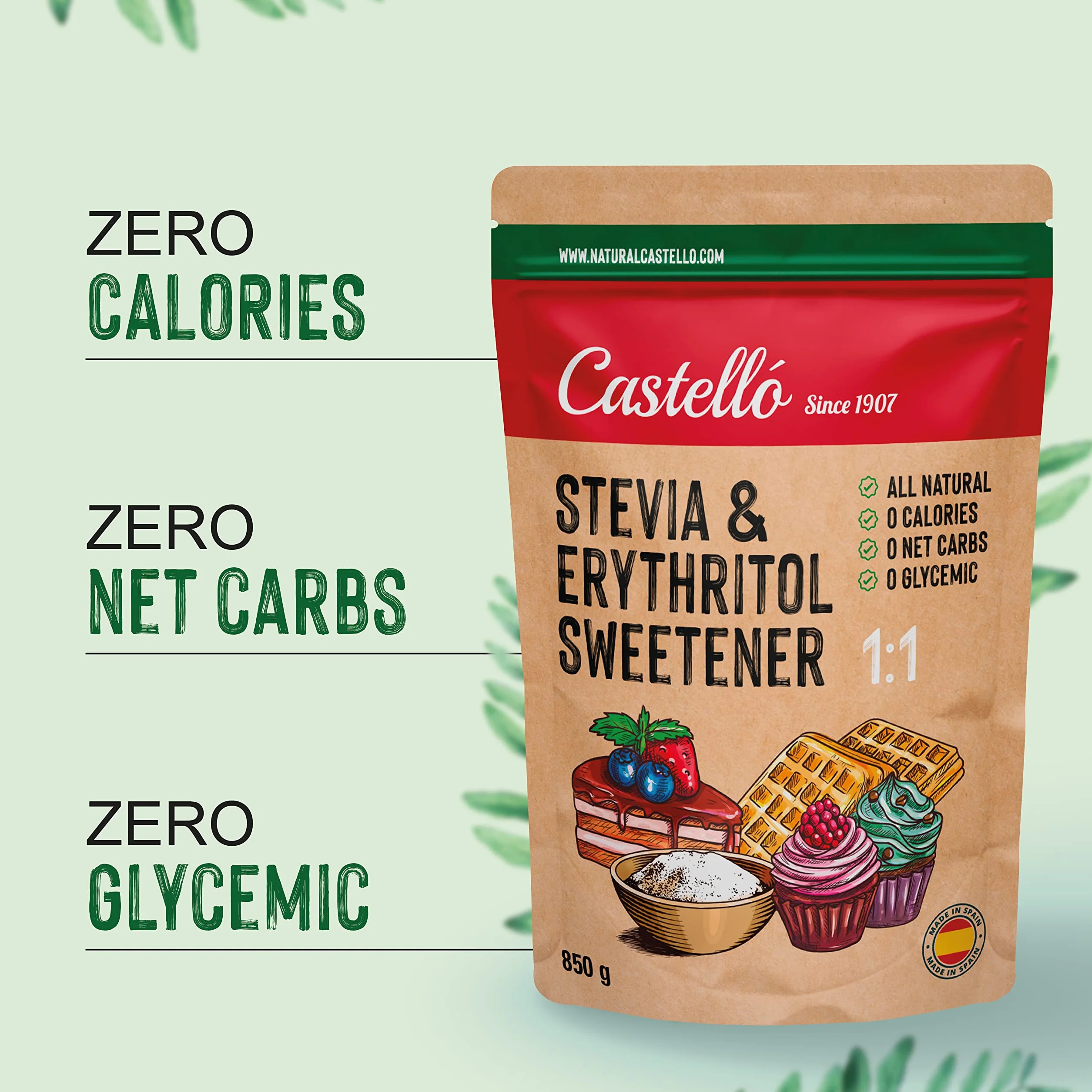 Castello Stevia Eritritol 1:1 850 g Sustituto del Azúcar 100% Natural 0 Calorías Keto Paleo