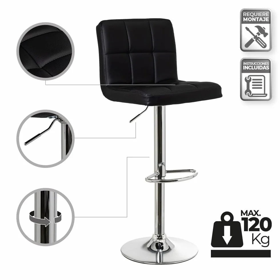 LOLAhome - Taburete Alto de Cocina Giratorio en 360°, Sillas de Bar Regulable en Altura de 93 a 113 cm, con Respaldo de Polipiel, Estructura Metal y Reposapiés, Negro