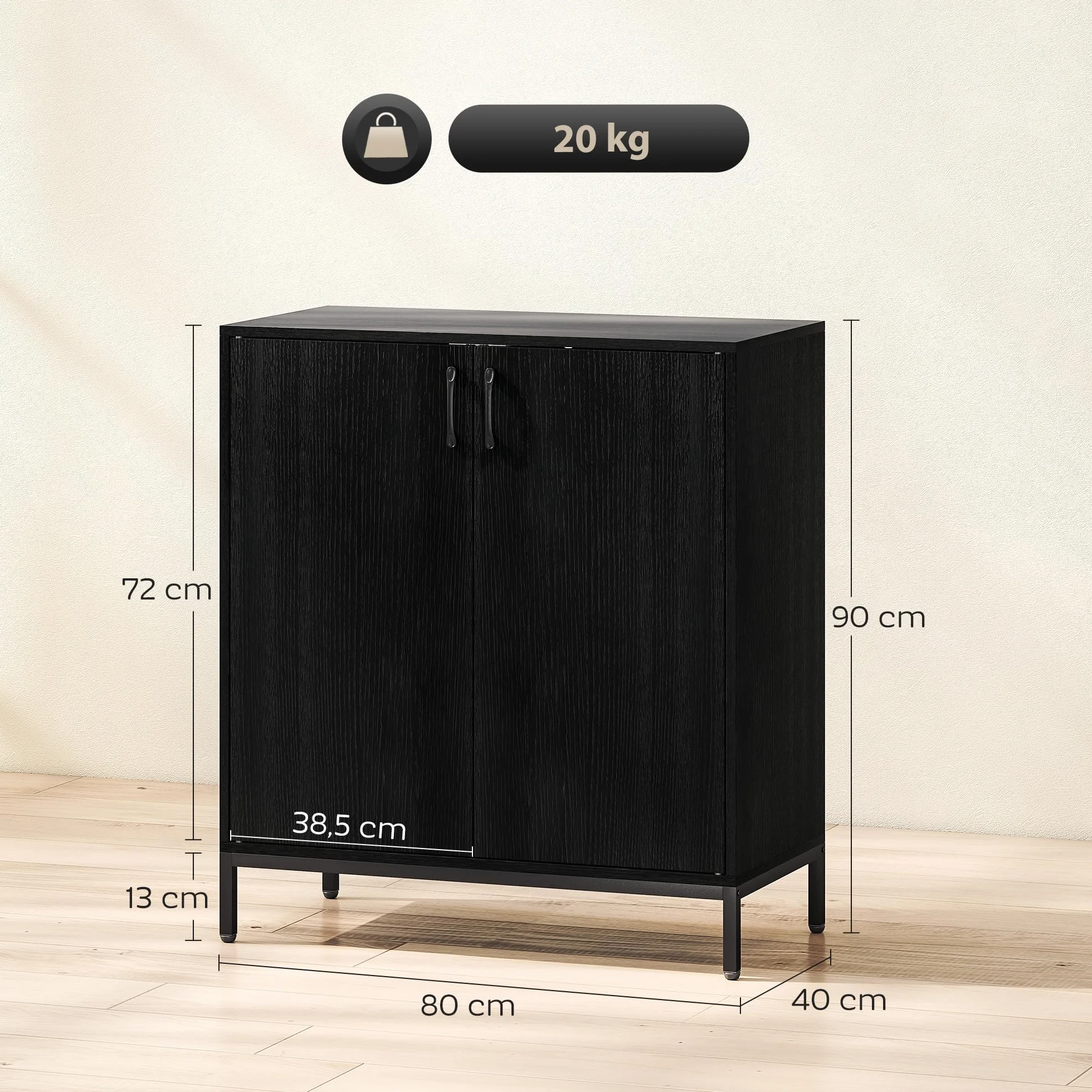 HOMCOM Aparador para Salón con 2 Puertas, Aparador de Cocina Moderno, Estante Ajustable y Base Elevada, para Comedor, Pasillo, Dormitorio, 80x40x90 cm, Negro