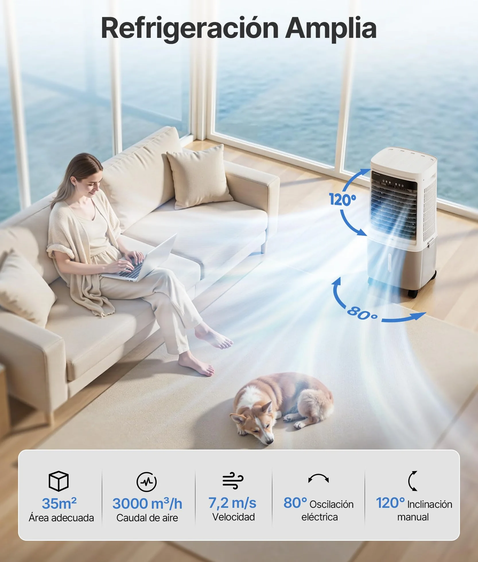 Enfriador de Aire Portátil 25L con Agua - Alternativa al Aire Acondicionado Portatil, Climatizador Evaporativo Portátil Oscilación 80°, Mando, Temporizador 12H, Blanco