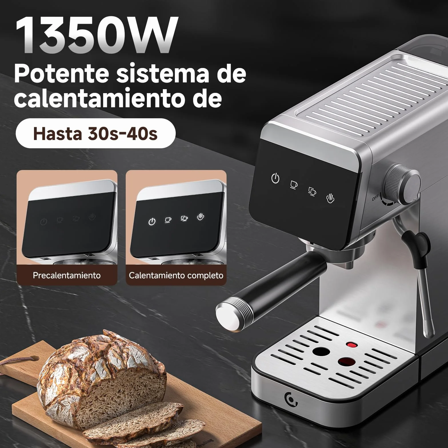 AMZCHEF Cafetera Espresso 20 Bares con Espumador de Leche, 1350W de Acero Inoxidable con Pantalla LED y Depósito Extraíble de 1,2 L, Diseño Compacto para el Hogar