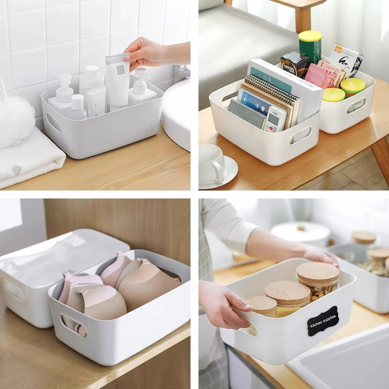 12 Pcs Cestas Almacenaje de Plástico(20 x 14 x6.5cm),Cajas Organizadoras con Asas,Cajones Almacenaje para Cocina,Escritorio,Oficina,Cosmético,Baño.