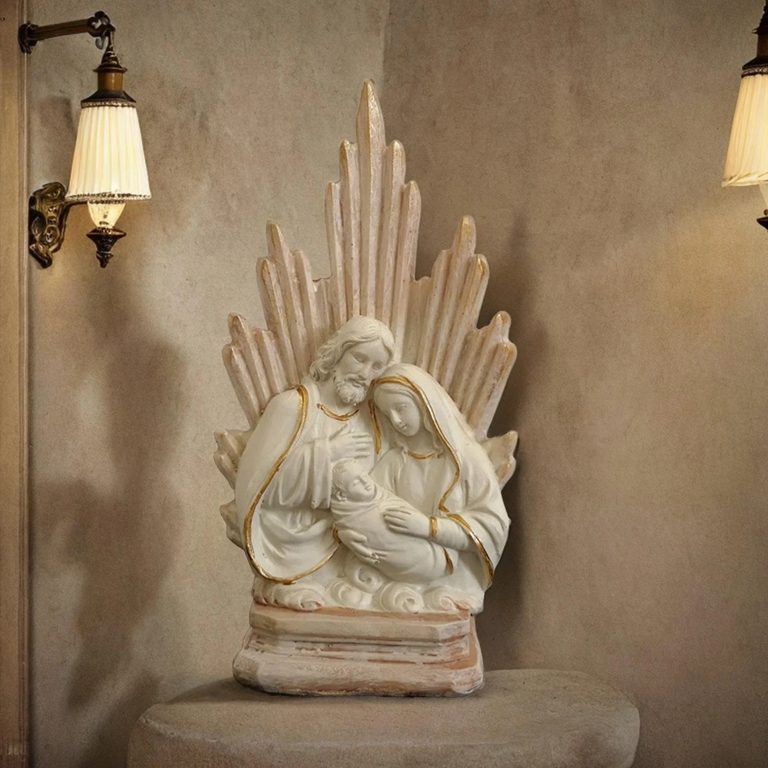 Figura Artesanal La Sagrada Familia Católica para Mesa Sala de Estar