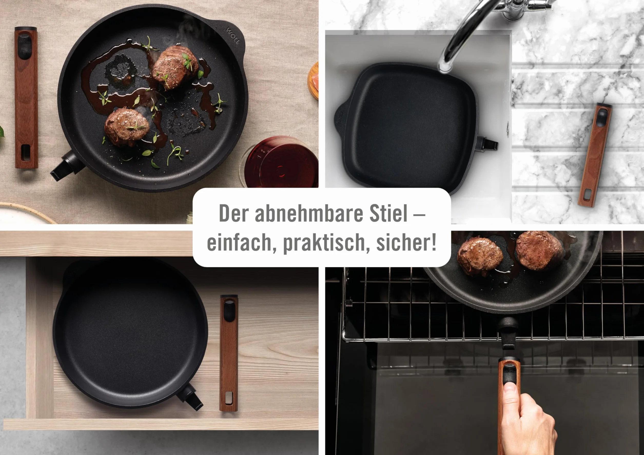 Woll Eco Logic QXR - Sartén plana de hierro fundido (inductiva, diámetro de 32 cm, 5 cm de alto, con mango de madera sostenible extraíble, apta para todo tipo de cocinas, sin PFAS, revestimiento