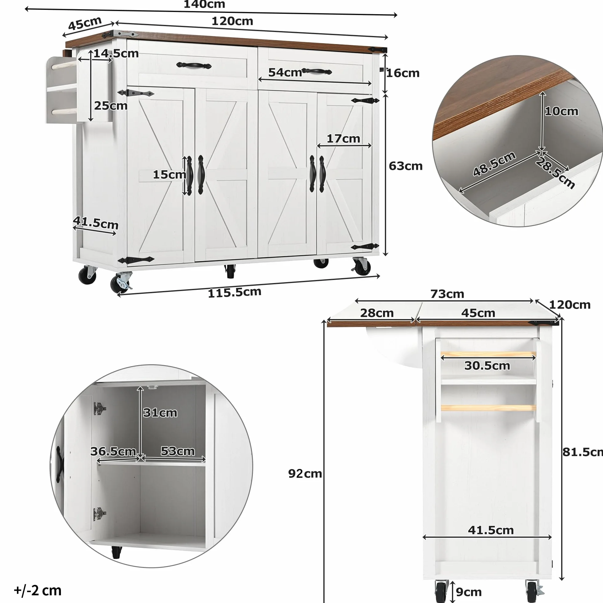 LAKFEW Isla Cocina con Ruedas, Aparador Cocina con Encimera Plegable y 4 Puertas, Mueble Cocina con 2 Cajones y Toallero, 140x45(73) x93 cm, Blanco