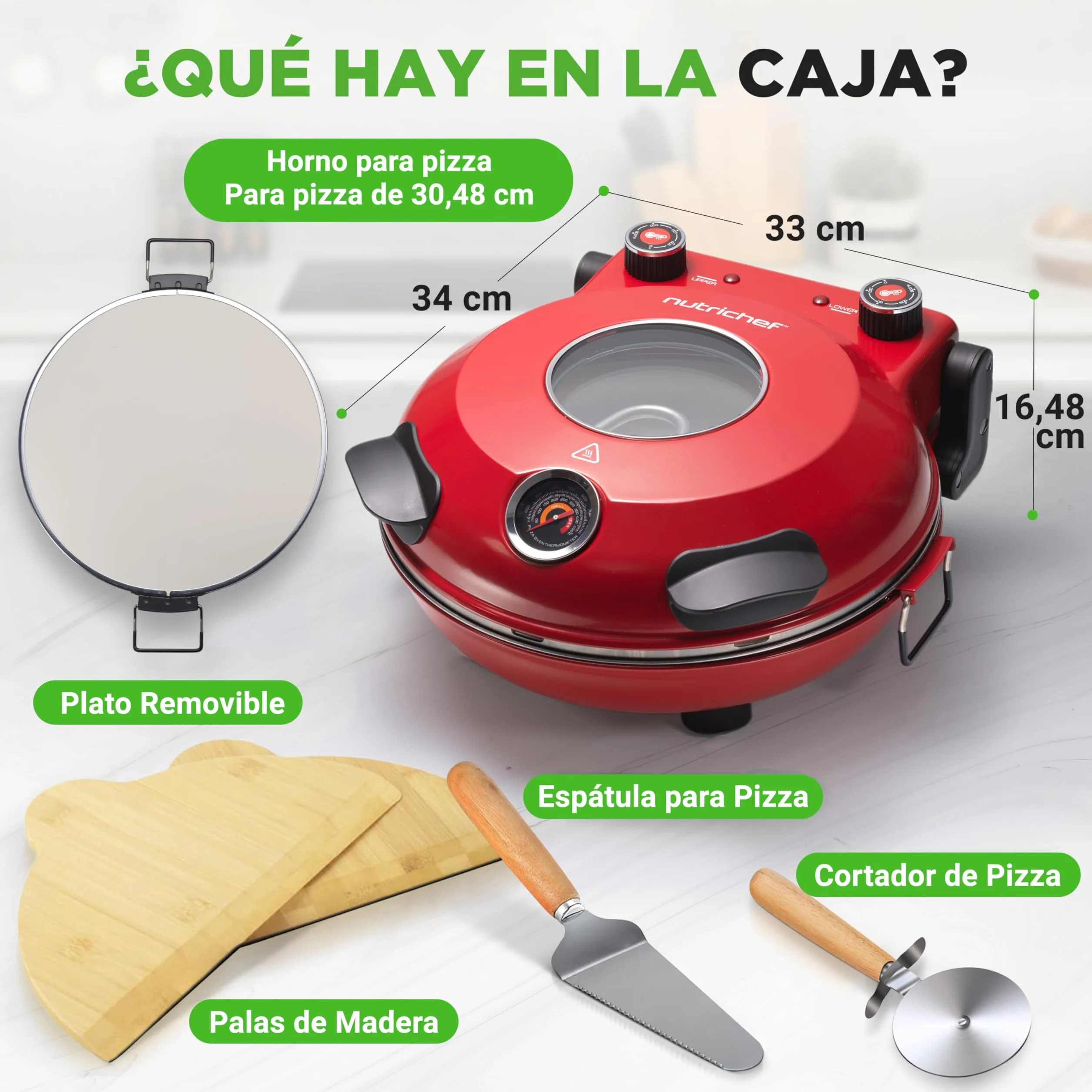 Nutrichef Horno Electrico para Pizza 1200W Control de Temperatura con Termometro Ventana de Visualizacion Antiadherente