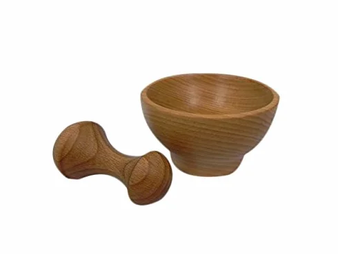 Wooden World – Juego de mortero de madera – Mortar cocina pequeña Mortero – Moler especias y gerbs – Gran regalo – Mortero resistente de madera de haya – Tamaño 10,5 cm x 6 cm