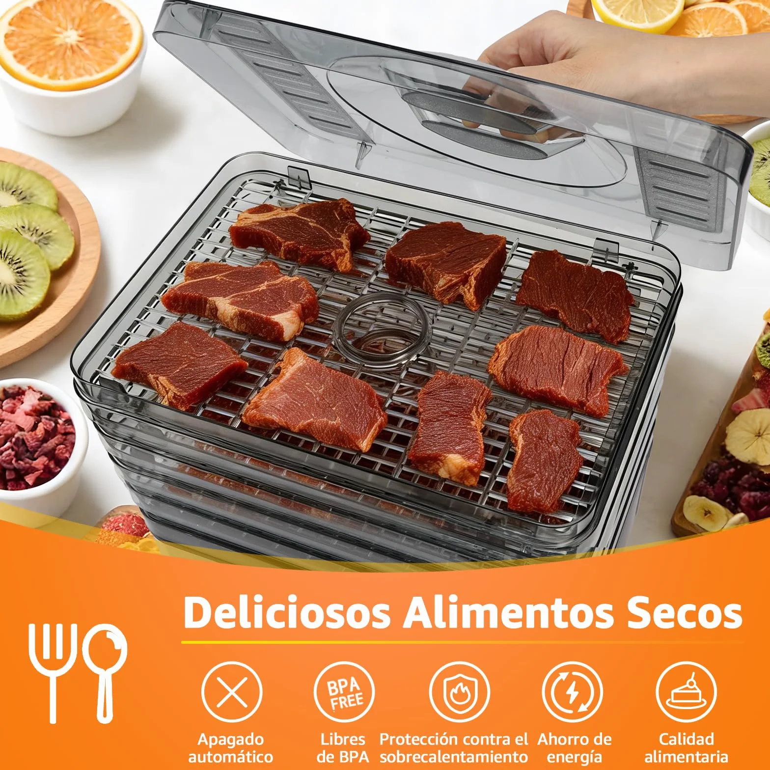 Aigostar Crispy Deshidratador de Alimentos 240W 5 Bandejas Altura Regulable Pantalla LED Temporizador 99H Temperatura Ajustable Sin BPA