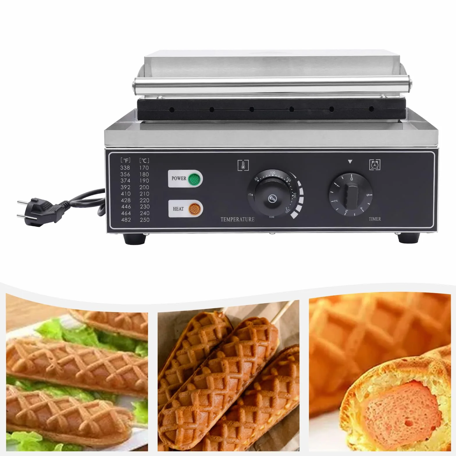 Waffeleisen Waflera, 1500W de acero inoxidable, máquina eléctrica de gofres comercial con 6 piezas de asa/perrito caliente, gofres en brocheta para panaderías, restaurantes, quioscos