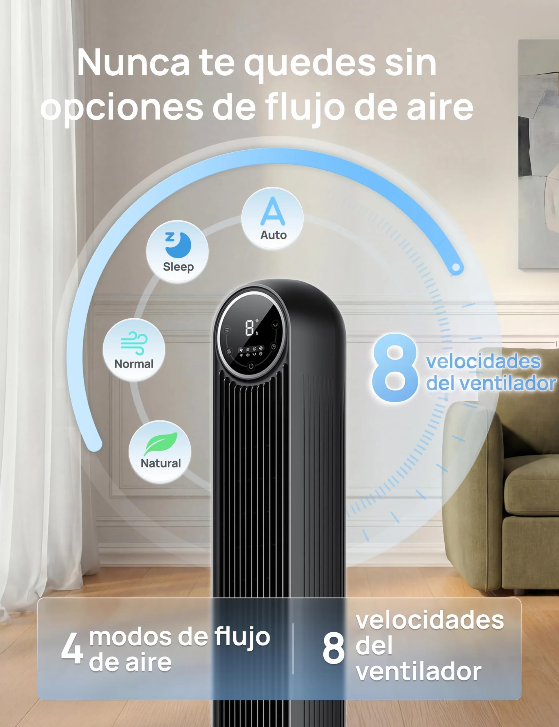Dreo Ventilador de Torre Silencioso 20dB, 7,6 m/s, 4 Velocidades, Rotación 90°, Temporizador 8H, LED, Mando, Negro