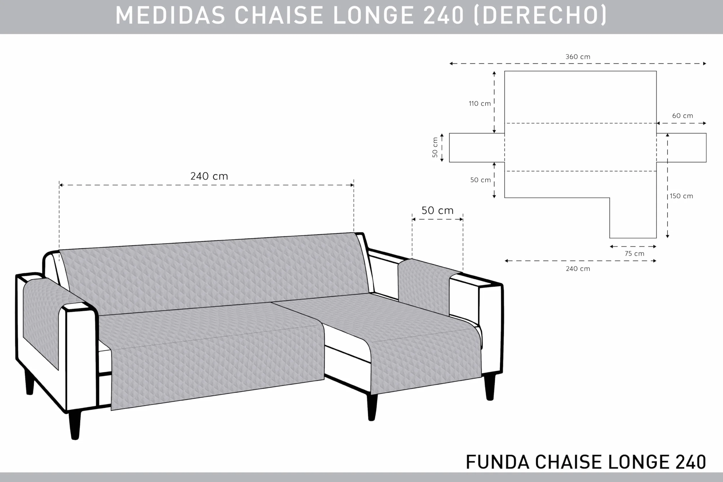 Funda Sofá Chaise Long Adele 240cm Gris Protector Cubre Chaise Longue Acolchado Universal Brazo Derecho