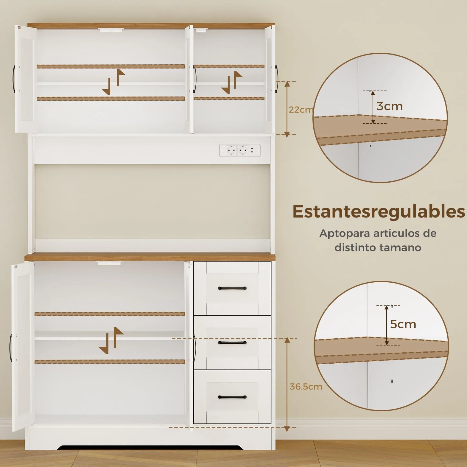 BEWISHOME Alacena de Cocina, Mueble Cocina Auxiliar con LED y Enchufes USB, Armario Cocina Alto con 5 Puertas y 3 Cajones, Estantes Regulables, para Cocina, Comedor o Salón, 100x40x180 cm, Blanco