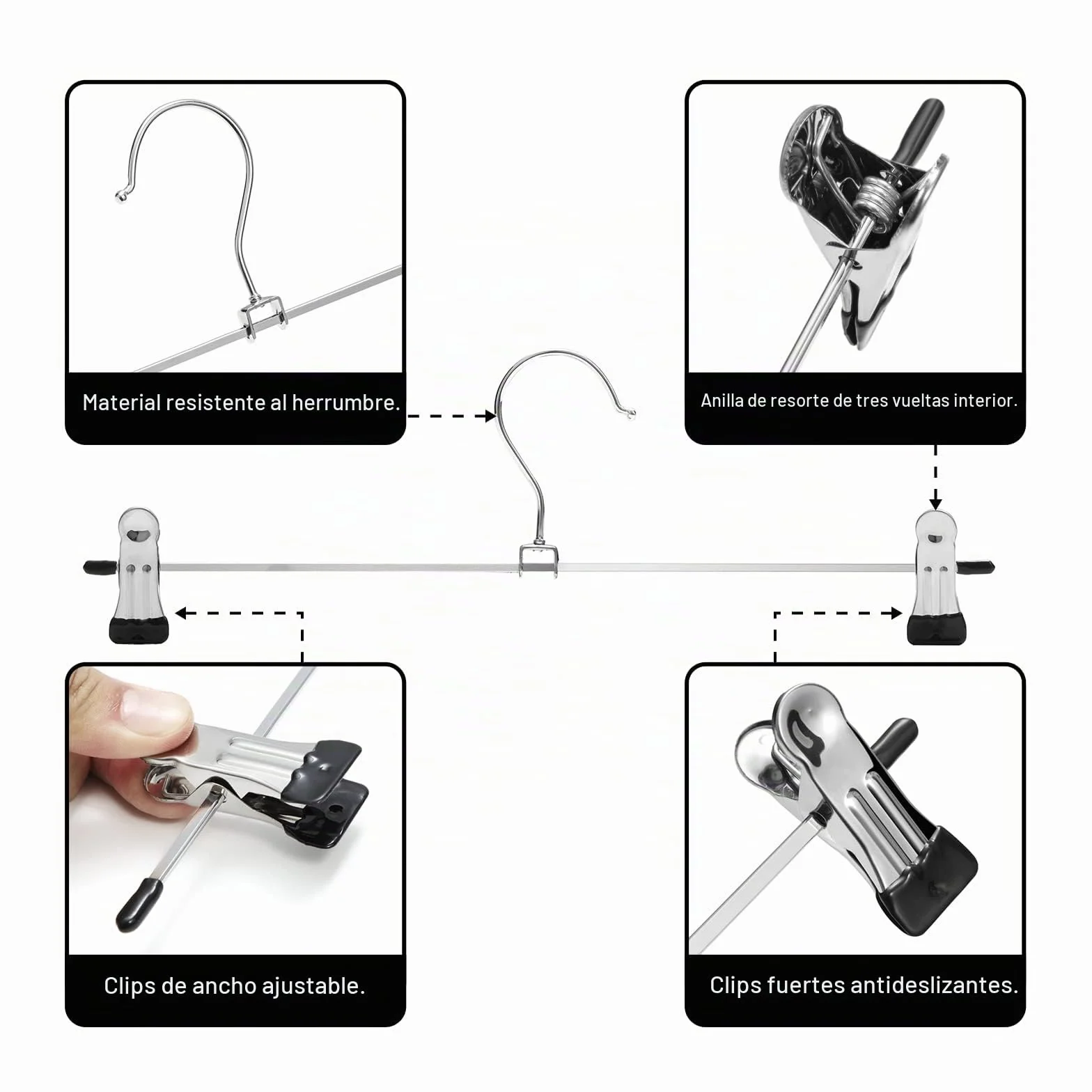 GUANJUNE Percha para pantalones, 10 unidades de perchas para faldas con clips antideslizantes ajustables, perchas de metal que ahorran espacio para abrigo, ropa, vaqueros, perchas para niños para