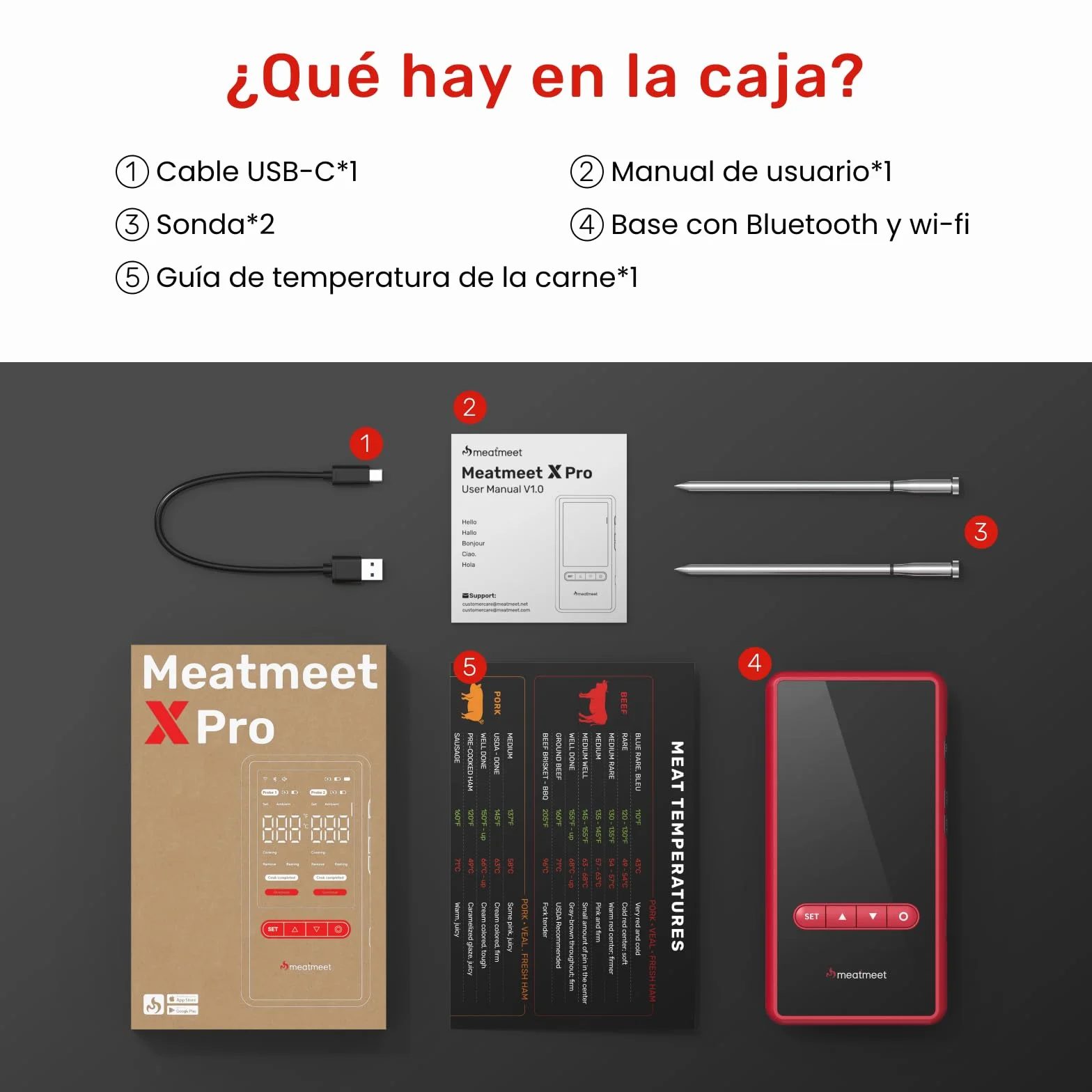 X Pro Termómetro para Carne con Bluetooth y WiFi, 2 Sondas 6 Sensores, Pantalla LED, IP69 Impermeable​, resistente al calor hasta 582°C, Termometro Carne para BBQ, Grill, Cocina, Asador