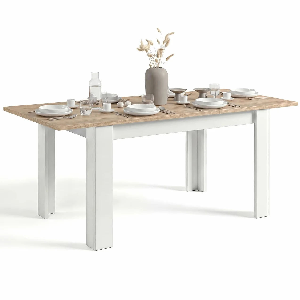 duehome | Mesa de Comedor Extensible, Mesa Rectangular, Modelo Sira, Acabado en Blanco Artik y Roble Canadian, Medidas: 123-173 cm (Largo) x 75 cm (Ancho) x 78 cm (Alto)