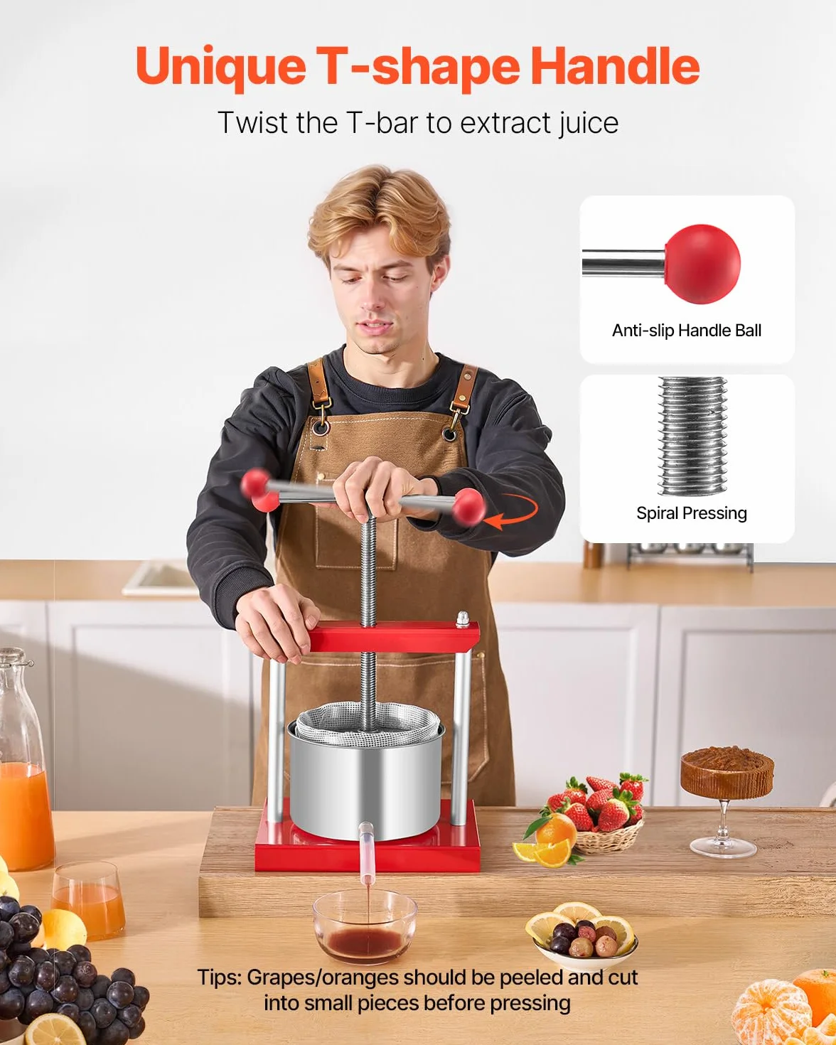 VEVOR Prensa de Vino de Frutas 3 L, 2 Barriles de Acero Inoxidable, Exprimidor Manual, Sidra, Manzana, Tintura de Uva, Miel, Aceite de Oliva, para Cocina al Aire Libre y Hogar, 260 x 205 x 560 mm