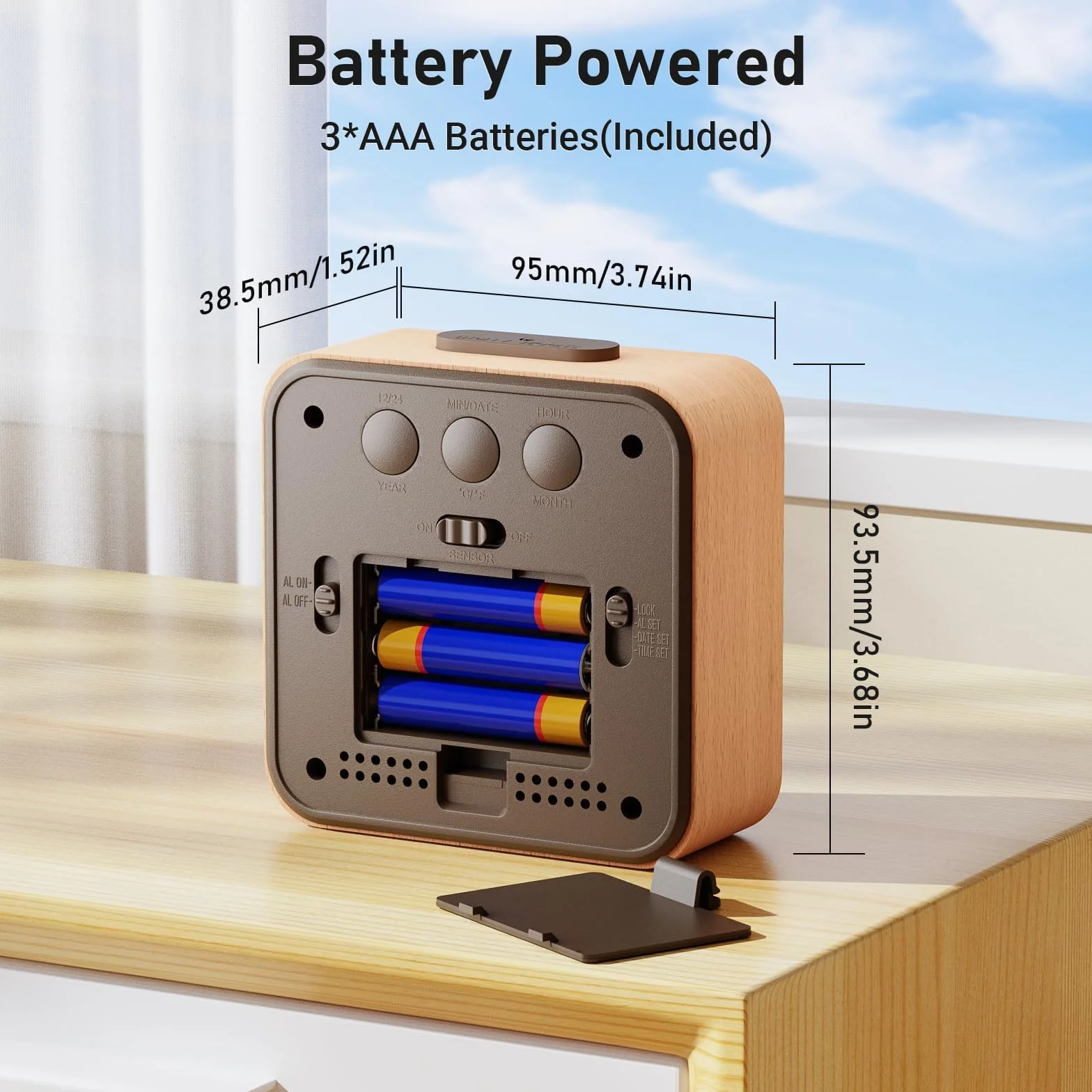 Despertador Digital, Reloj Despertador Digital de Madera Pilas con Sensor de Luz, Retroiluminación LCD, Snooze 5 Min, Temperatura, Fecha y Día de la Semana (Madera)