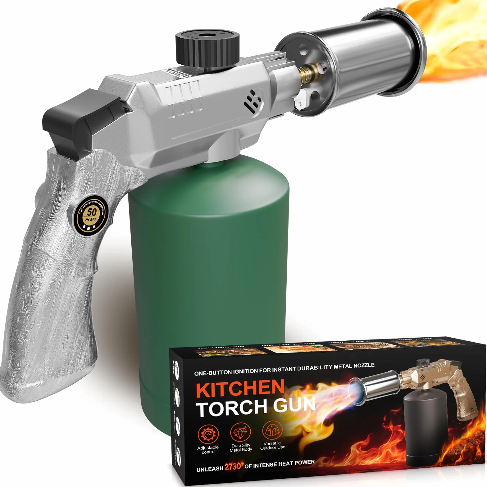 Pistola de propano ajustable para barbacoa y fogata | Acabado plateado, calor máximo de 1800 °C, encendido piezoeléctrico, fuego de un solo toque, gran regalo