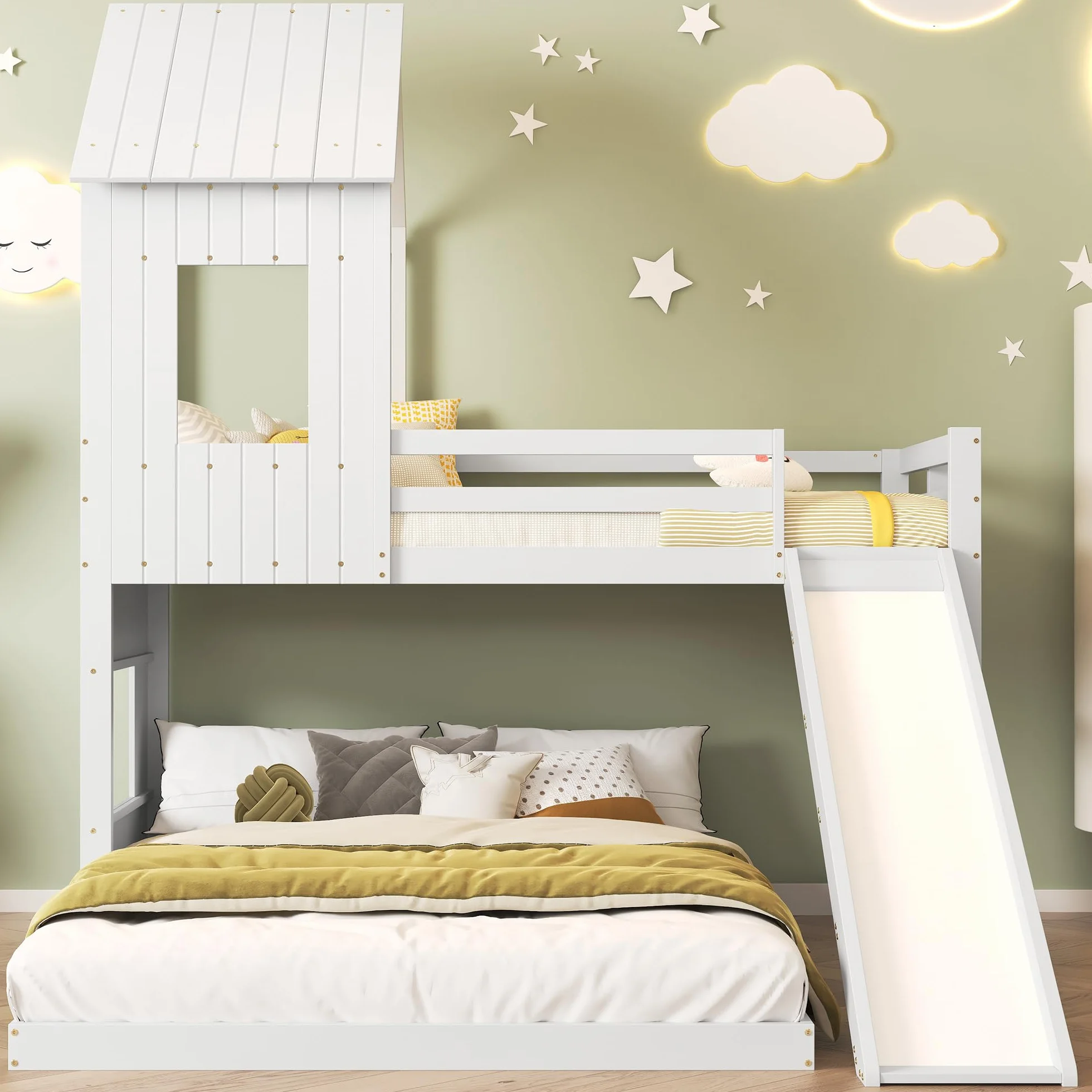 Azkoeesy Litera Infantil con Tobogán (90 x 200 y 140 x 200) - Cama Familiar en Forma de casa con somier/anticaídas para niños y Adultos, Cama de Invitados, Cama Juvenil, Madera de Pino, Color Blanco