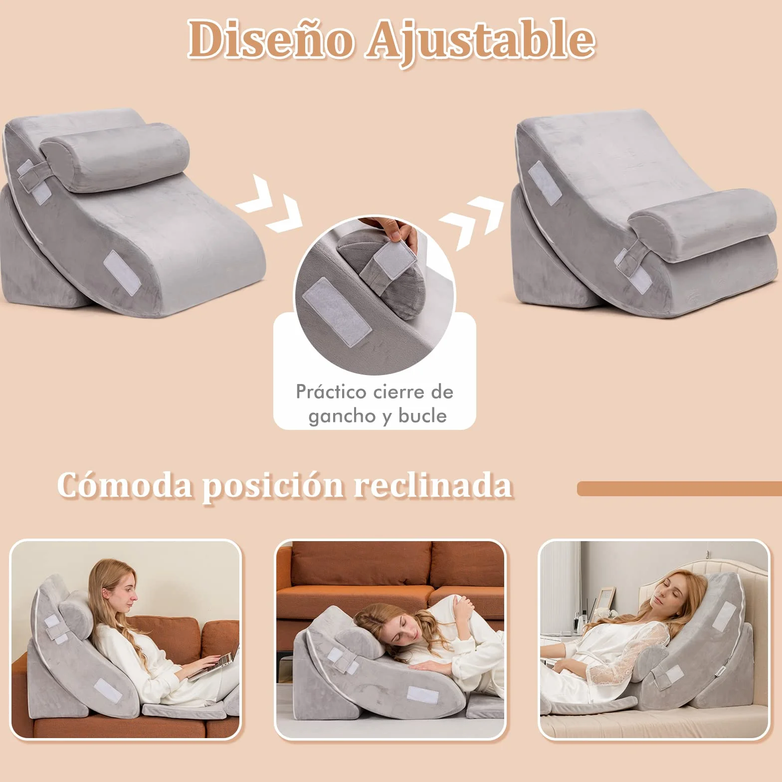 COSTWAY Almohada de Cuña para la Cama de 6 Piezas, Juego de Almohadas de Espuma de Memoria para Aliviar el Dolor de Cuerpo, Almohada de Soporte de Espalda Cómoda Ajustable y Extraíble, Gris