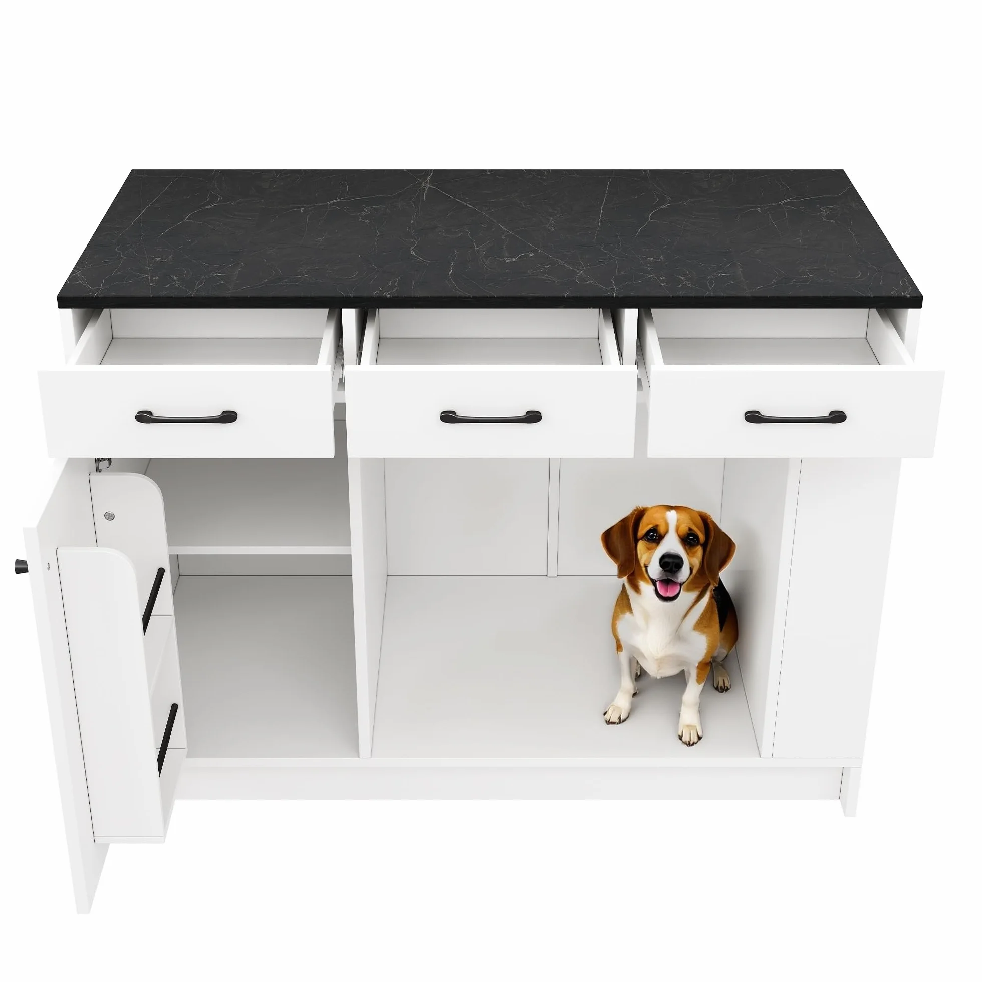 Soweiz Isla de cocina con cajón y estante para especias, blanco, 120 x 60 x 90 cm | Armario de cocina con zona para mascotas, carrito de cocina con zona de descanso para mascotas