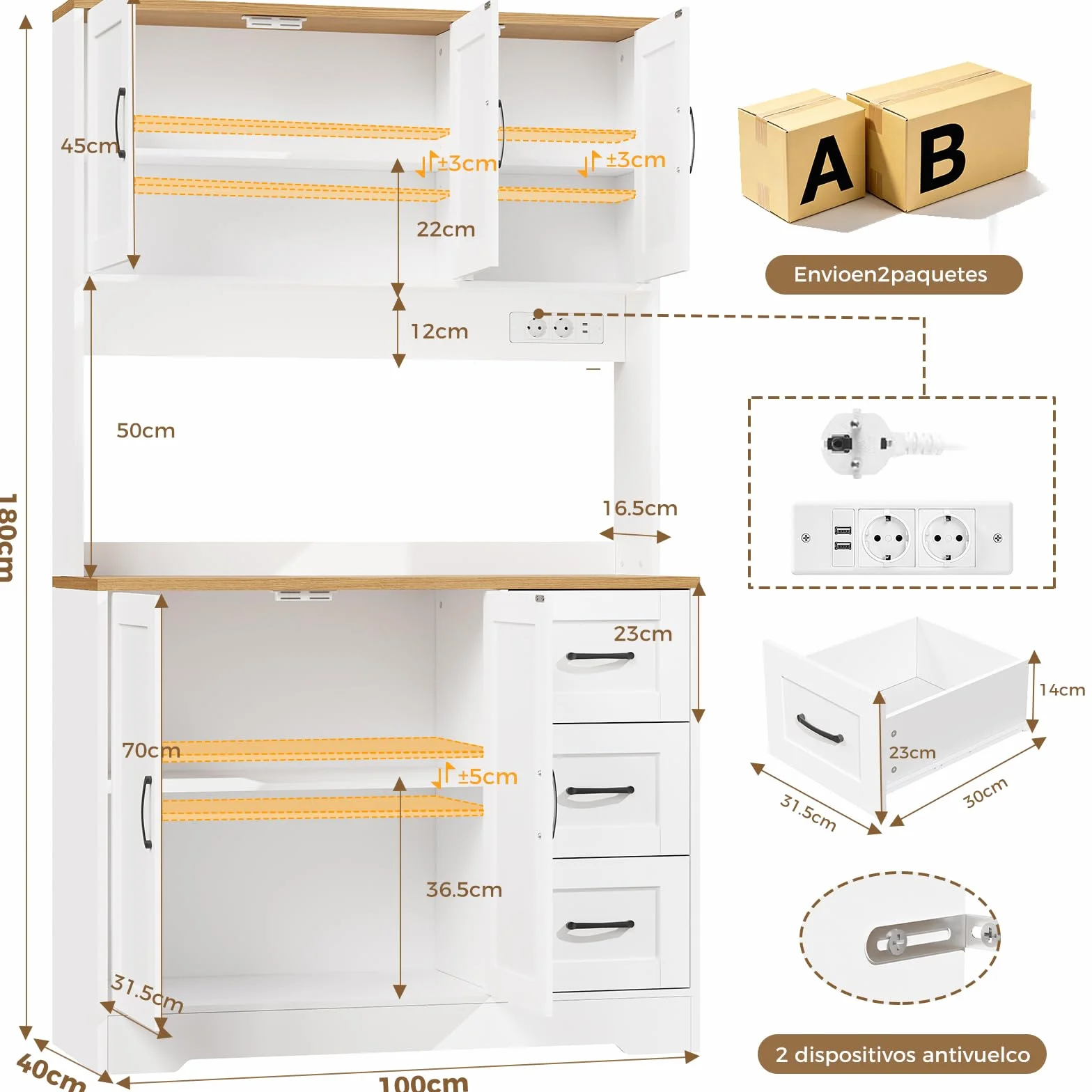 BEWISHOME Alacena de Cocina, Mueble Cocina Auxiliar con LED y Enchufes USB, Armario Cocina Alto con 5 Puertas y 3 Cajones, Estantes Regulables, para Cocina, Comedor o Salón, 100x40x180 cm, Blanco